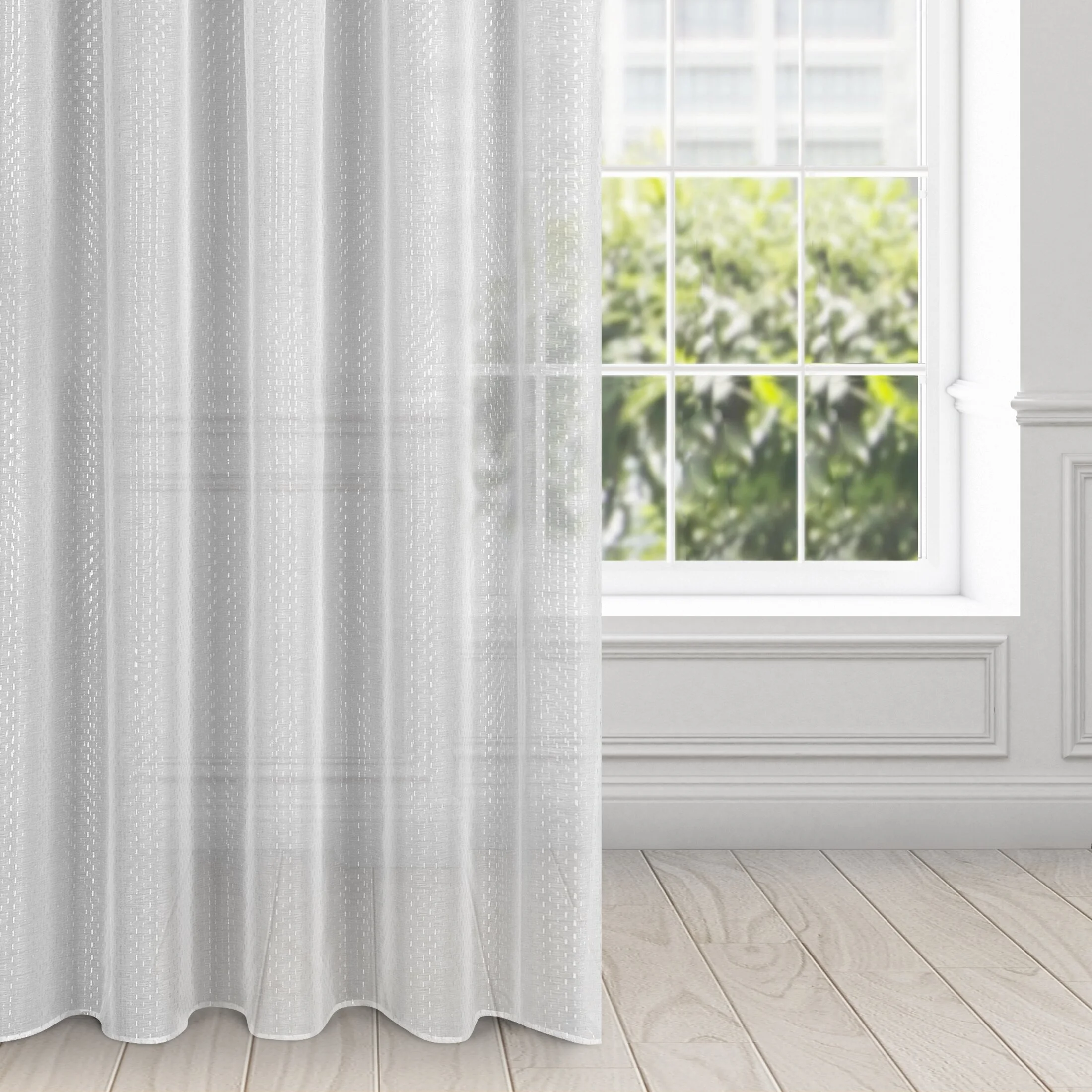 Firana biało, srebrna z lekkiej etaminy z nadrukiem 140x270 cm taśma LOARA | eurofirany