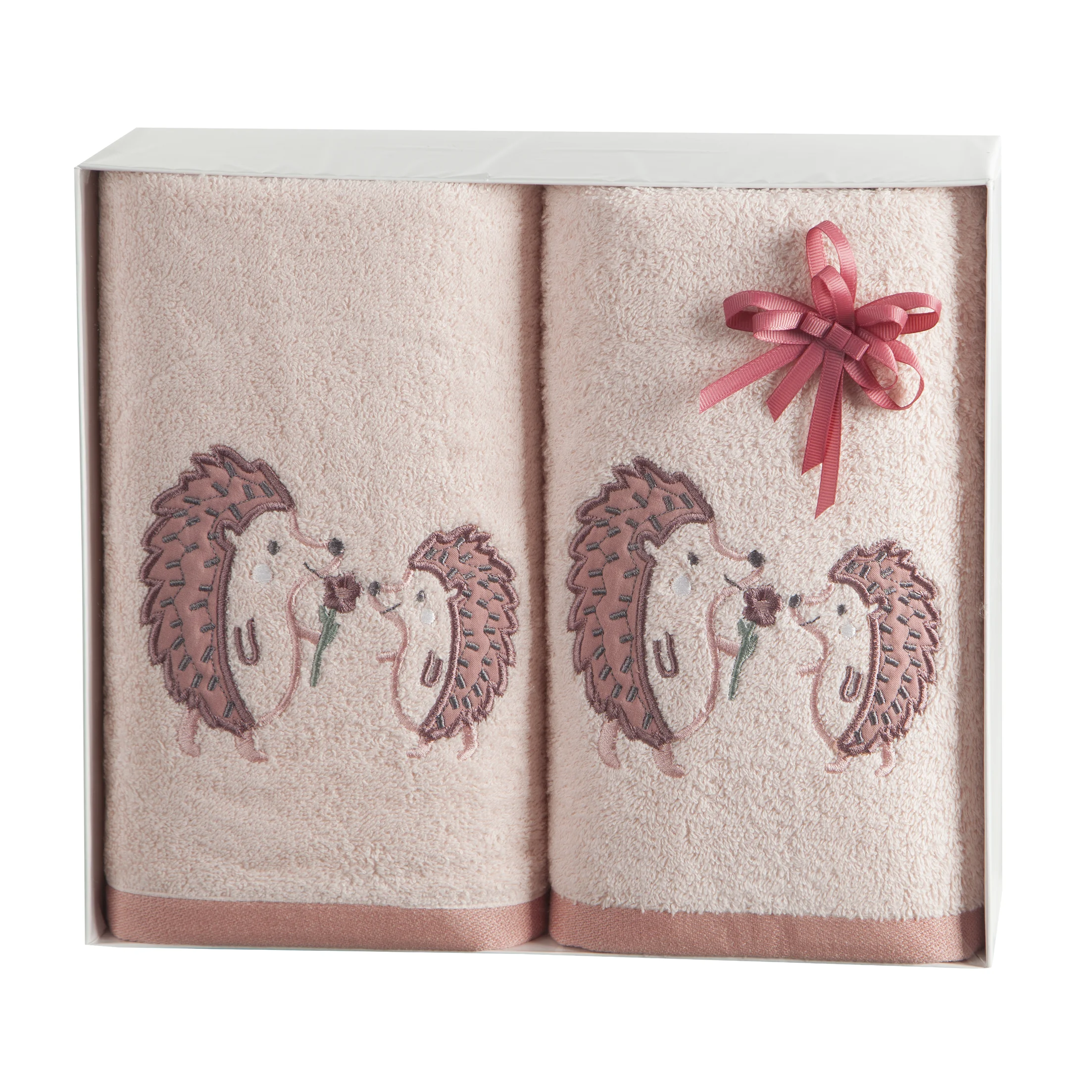 Zestaw ręczników bawełnianych na prezent 1 szt 50x90 cm,1 szt 70x140 cm kolor różowy z uroczym motywem jeży