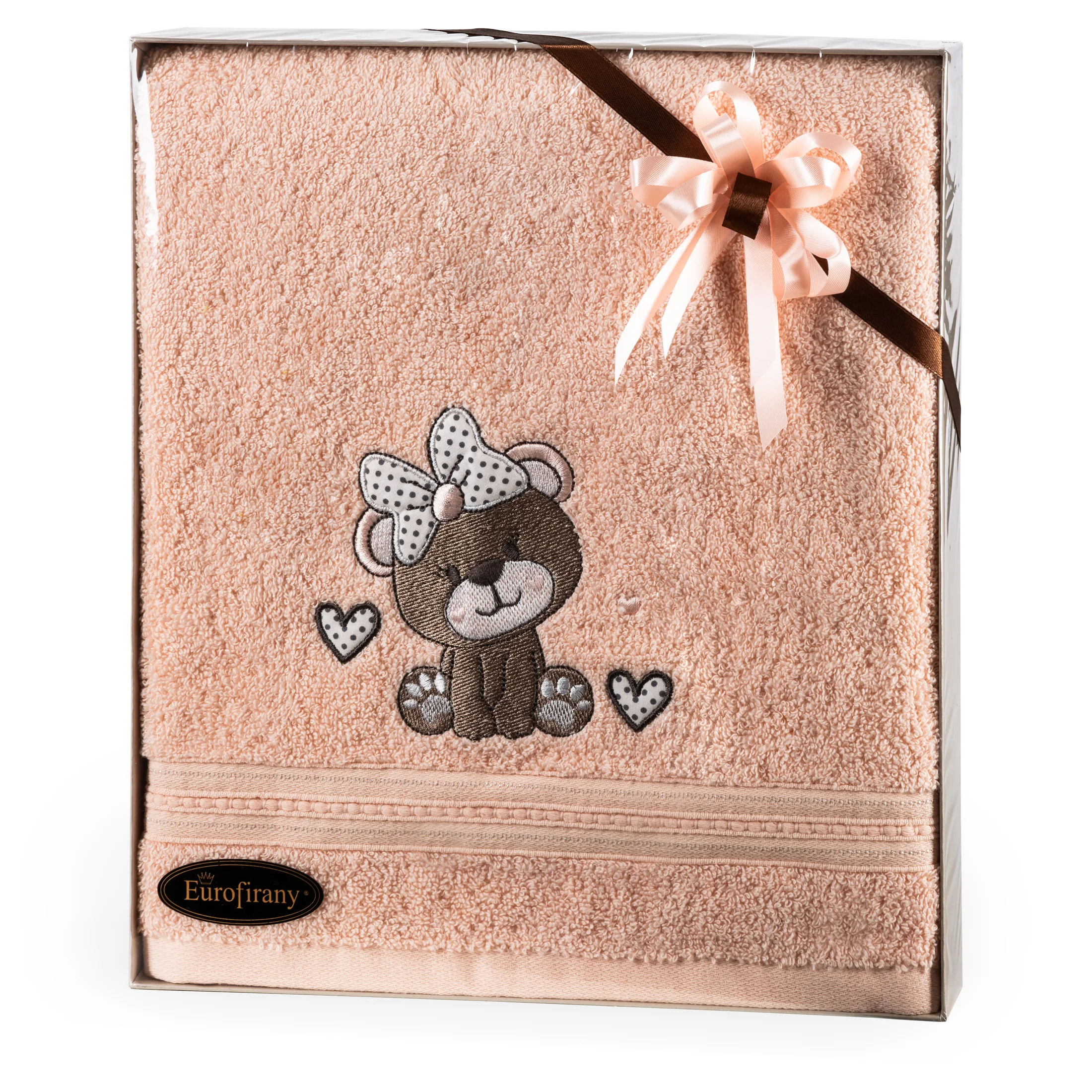 Zestaw upominkowy, ręcznik bawełniany 50x90 cm kolor jasnopomarańczowy z motywem misia dla dziecka