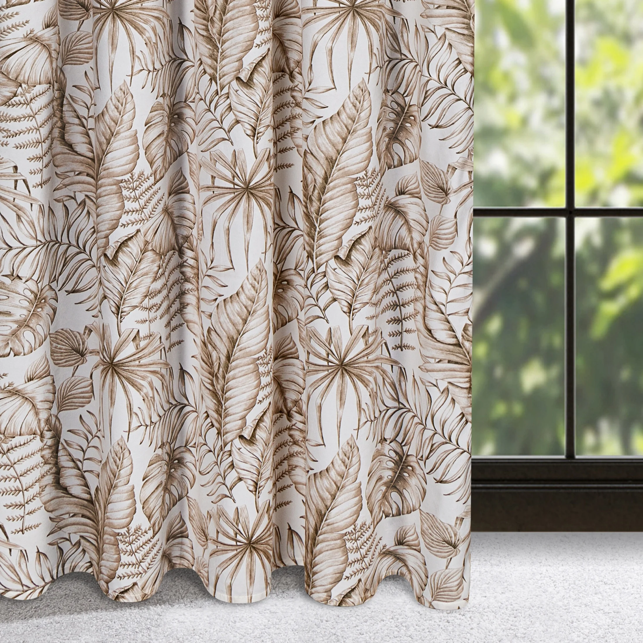 Zasłona biało, beżowa z nadrukiem egzotycznych liści, welwetowa 140x270 cm taśma/szelki - SABA | eurofirany