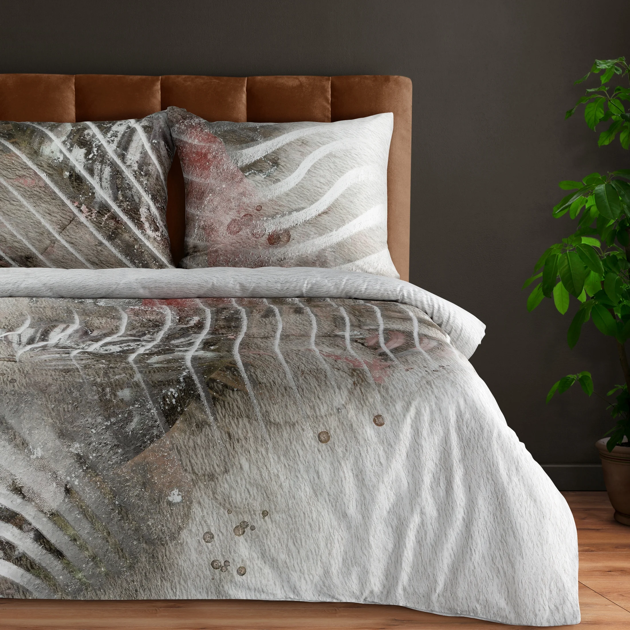 Pościel 220x200 cm z makosatyny bawełnianej kolor szarobeżowy, jasnoszary z nowoczesnym wzorem EVA 19 Eva Minge | eurofirany