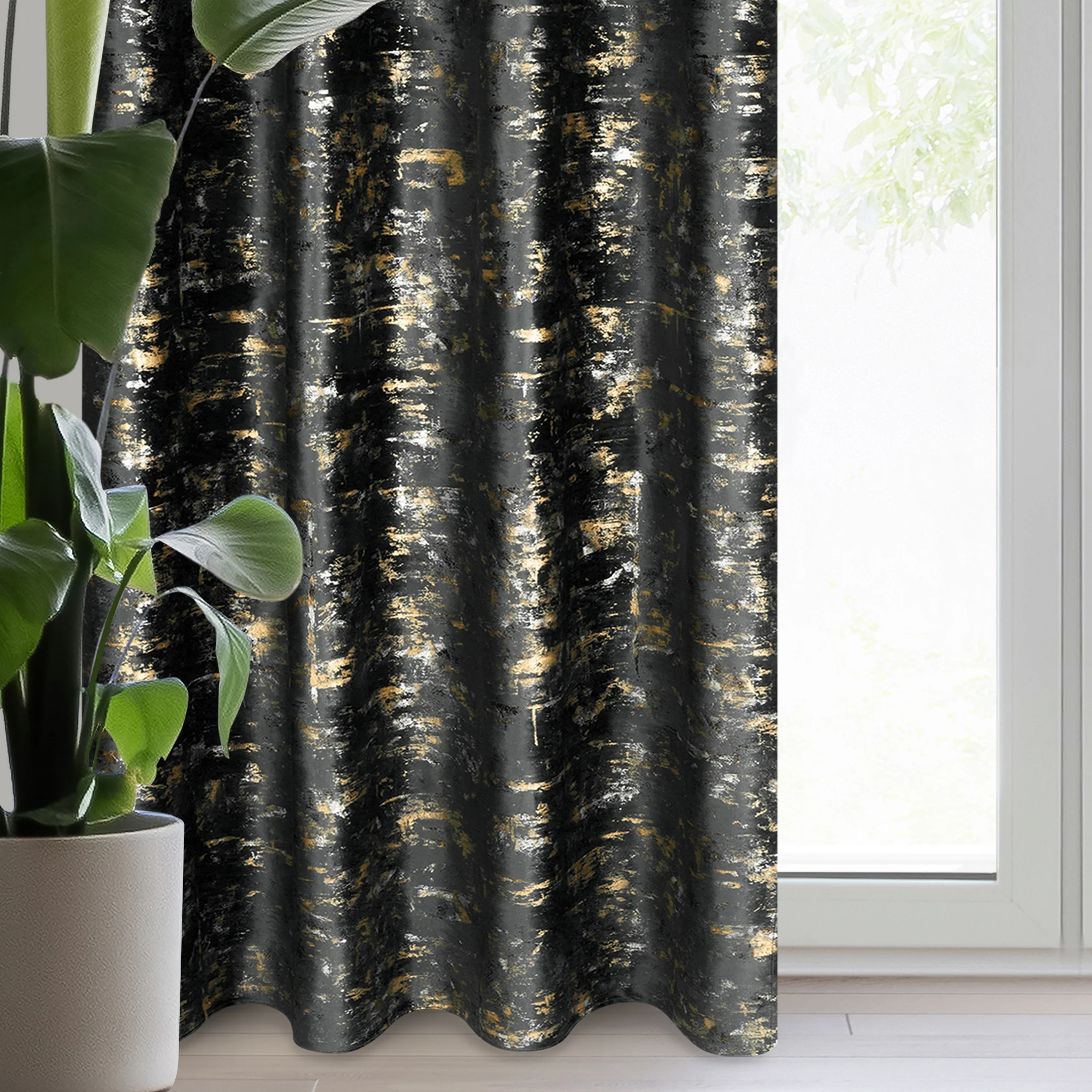 Zasłona czarno, złocista zdobiona marmurkowym wzorem, welwetowa 140x250 cm przelotka - TAMI | eurofirany