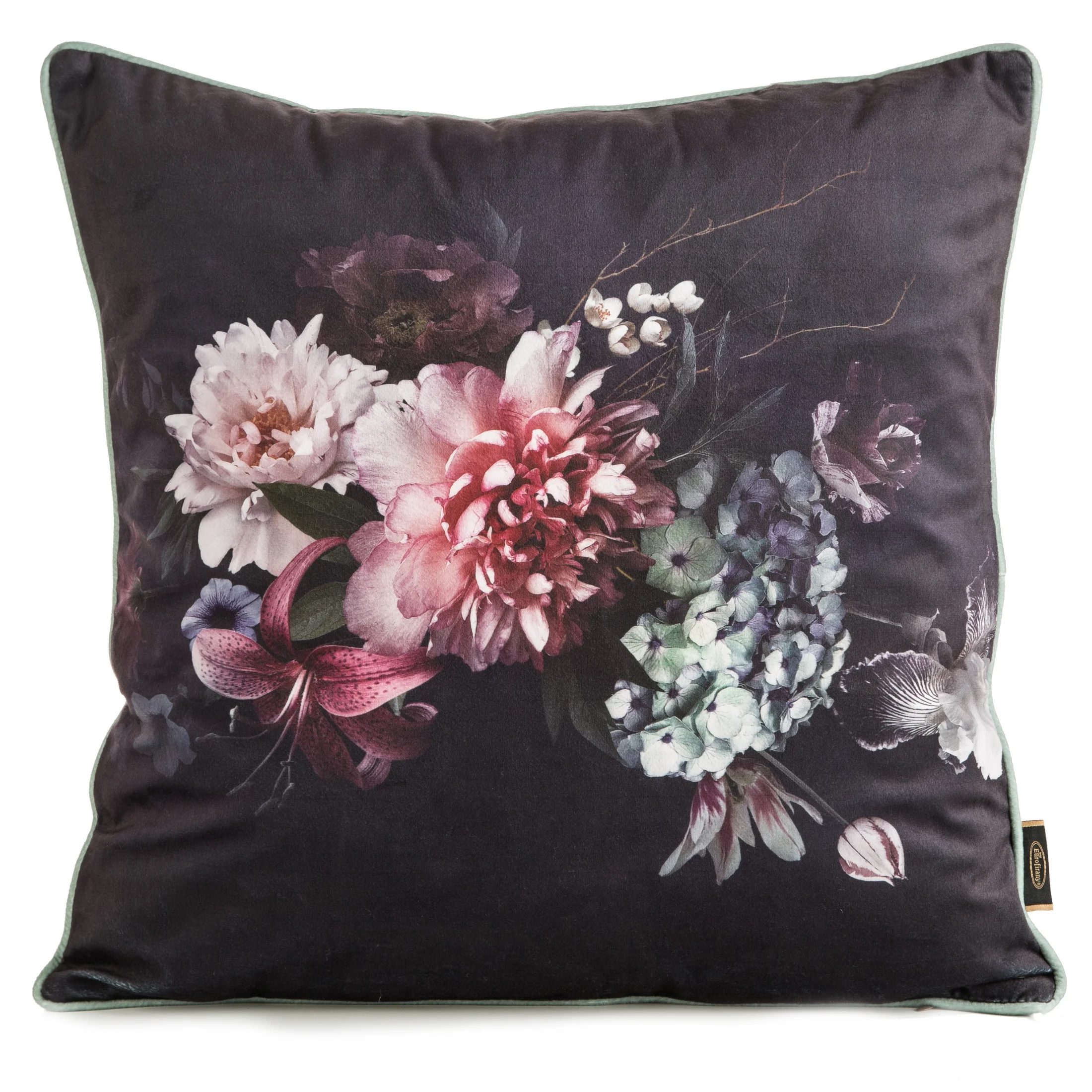 Poszewka na poduszkę 45x45 cm welwetowa, czarno bordowa, dwustronna z motywem kwiatów VELEVT 137 Eurofirany Premium | eurofirany