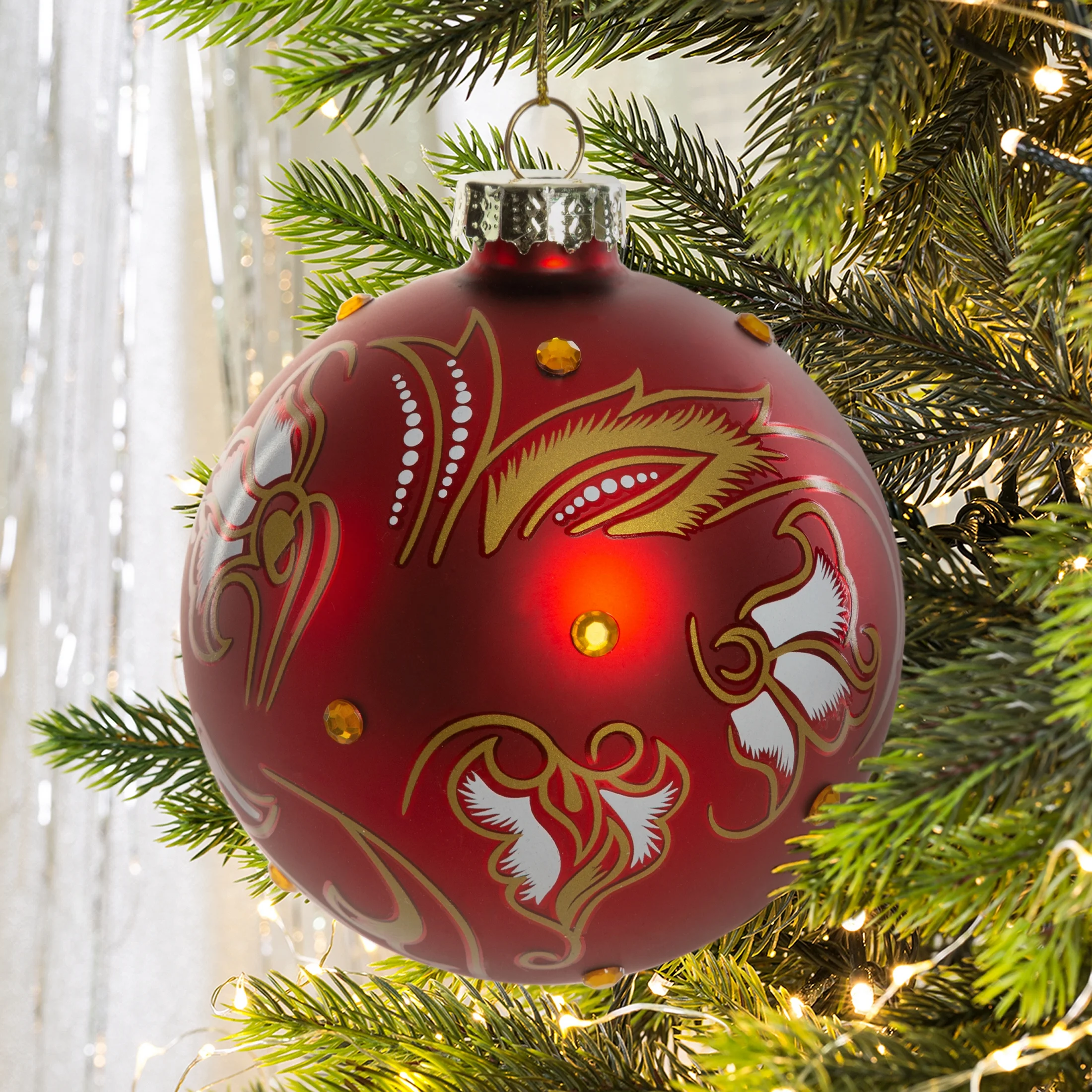 Bombka szklana ręcznie zdobiona ornamentem i kryształkami | eurofirany