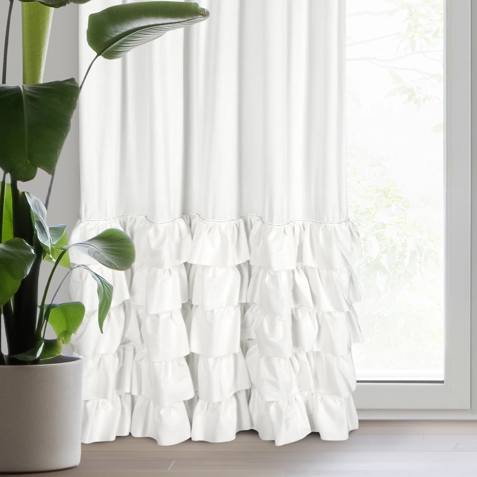 Zasłona welwetowa biała zdobiona falbanami i lśniącymi akcentami 140x250 cm taśma - CARLI | eurofirany