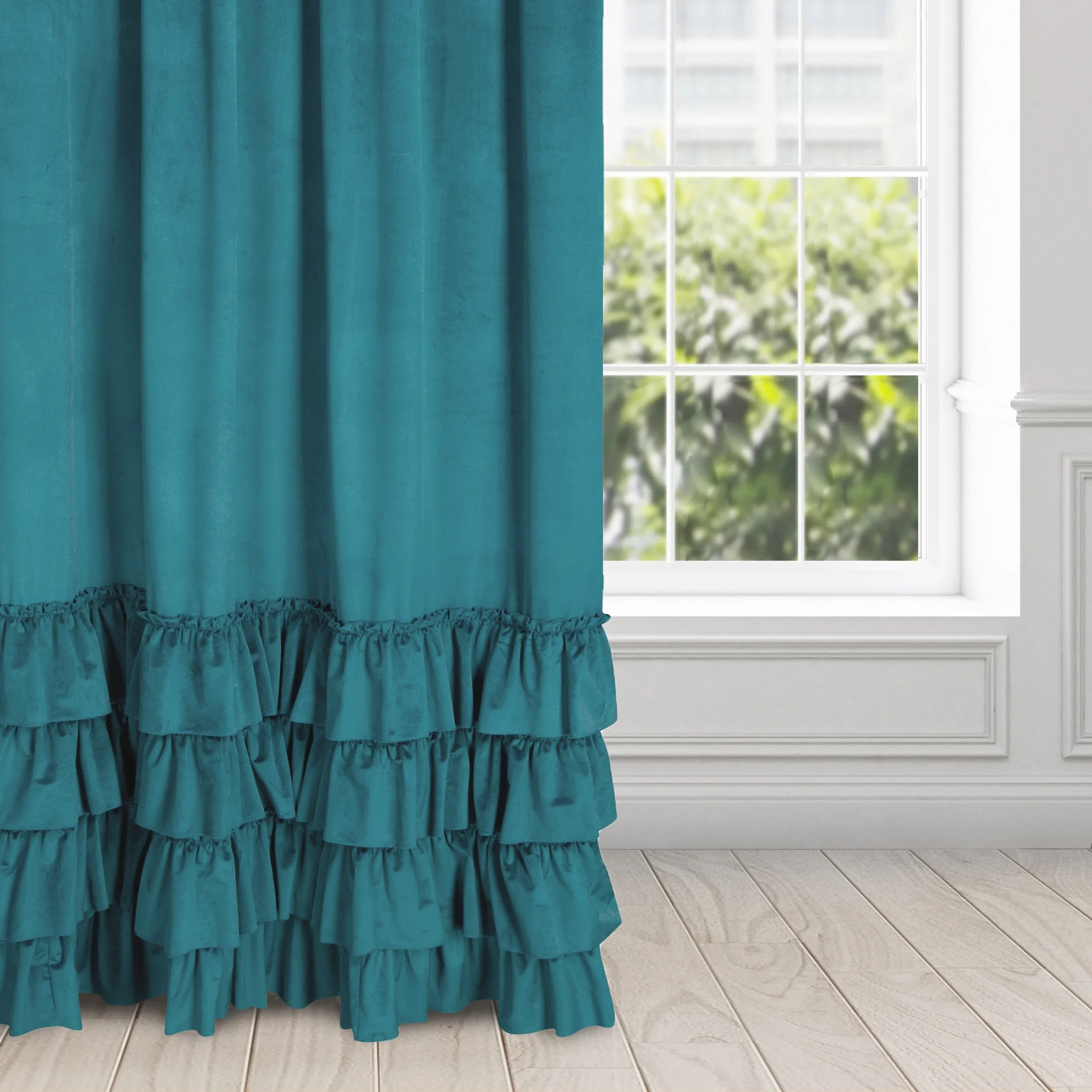 Zasłona welwetowa ciemnoturkusowa zdobiona falbanami 140x270 taśma - CHARLOTTE 1 | eurofirany