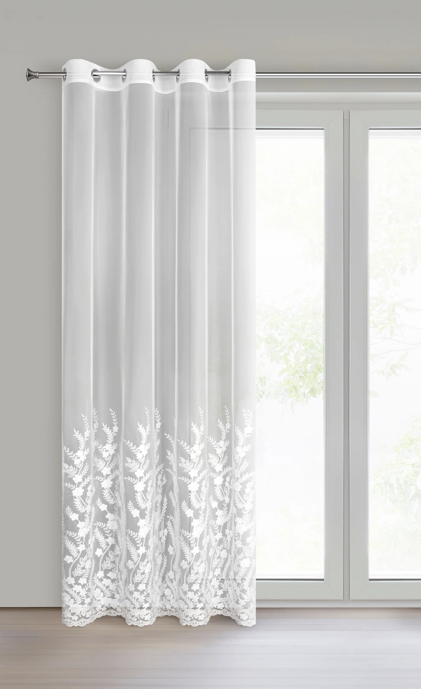 Firana biała z siateczki zdobiona haftem 140x250 cm przelotka - TALINA