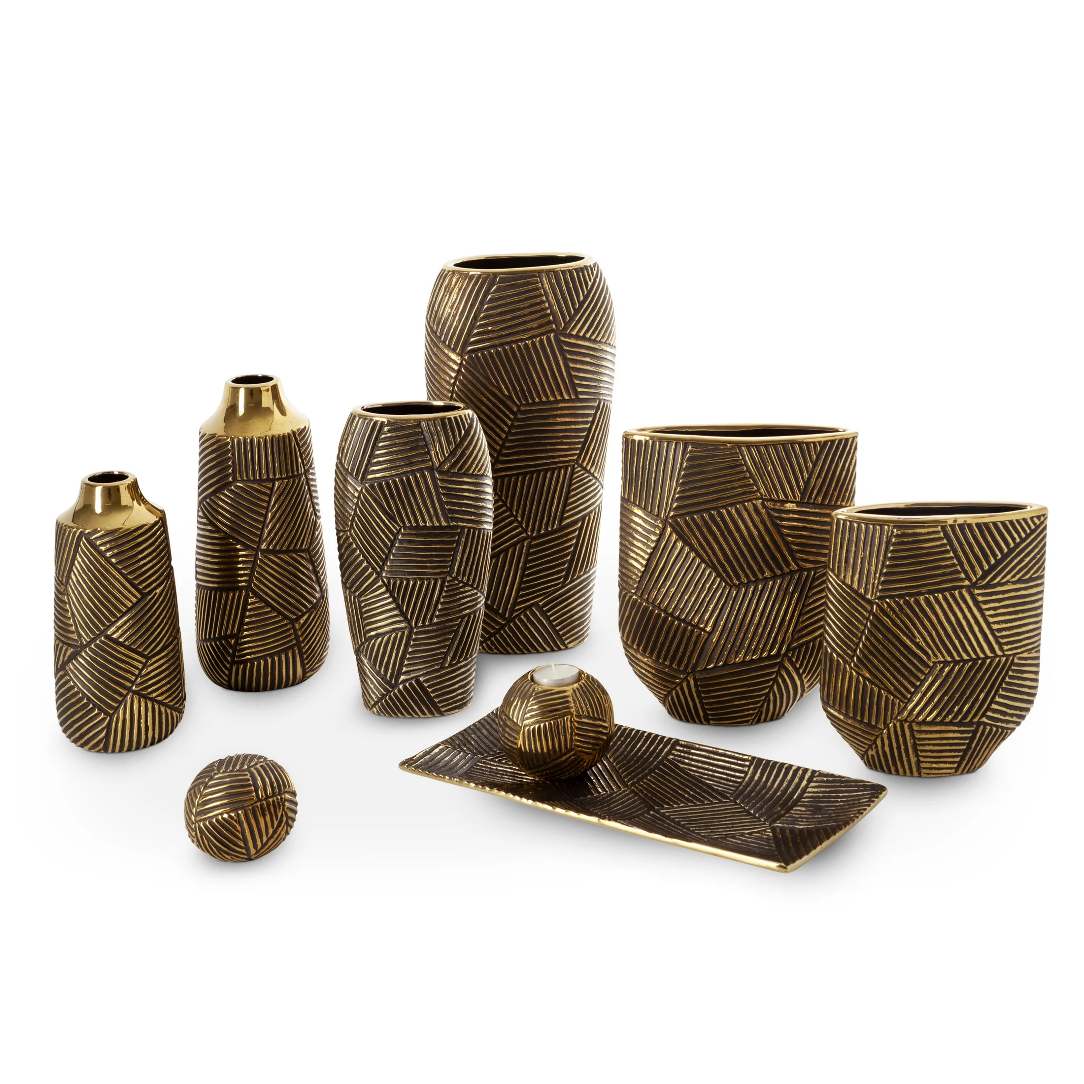 Wazon ceramiczny czarno, złoty z wytłaczanym geometrycznym wzorem 21x9x28 cm