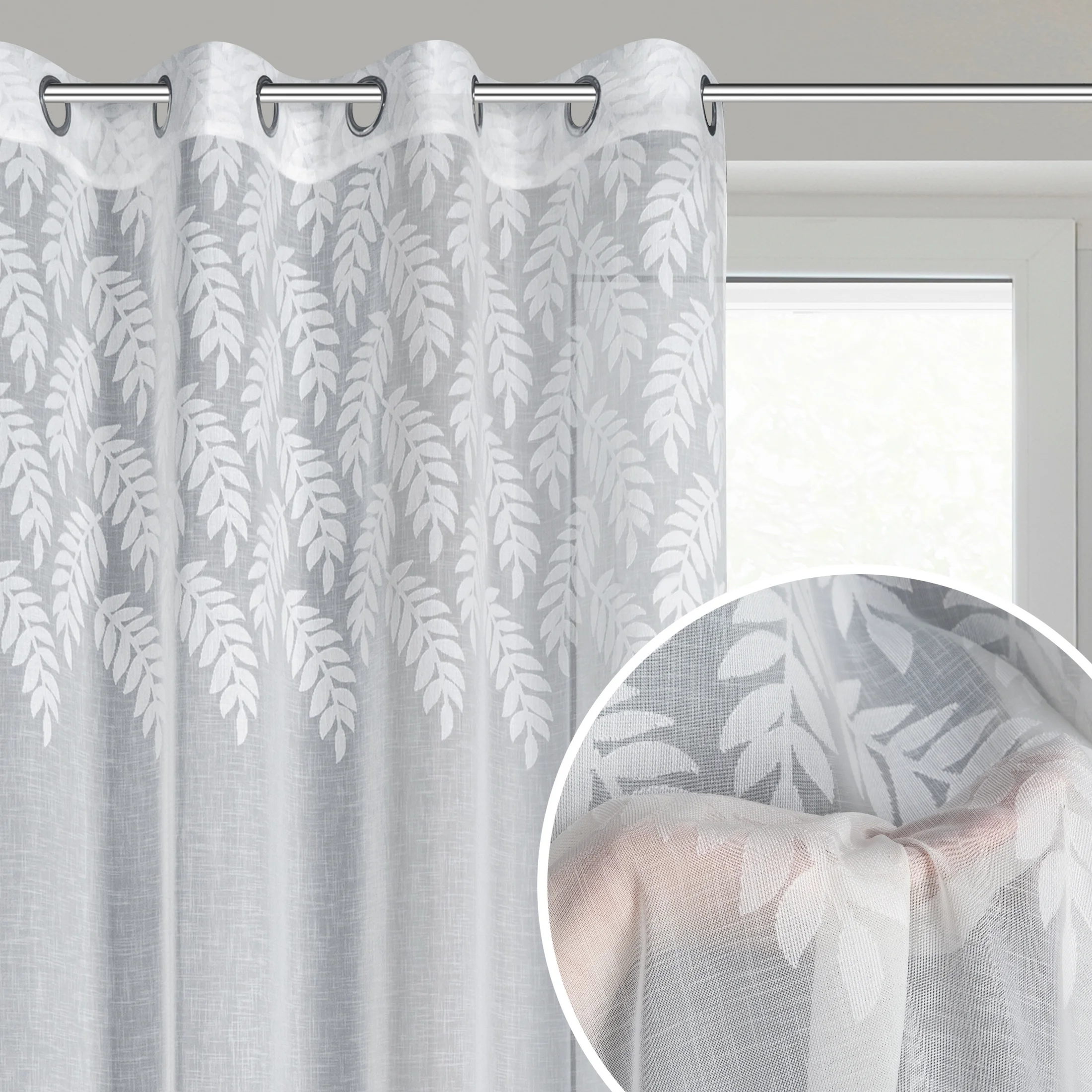 Firana biała z ozdobnym pasem żakardowych liści w górnej części 140x250 cm przelotka ANET | eurofirany