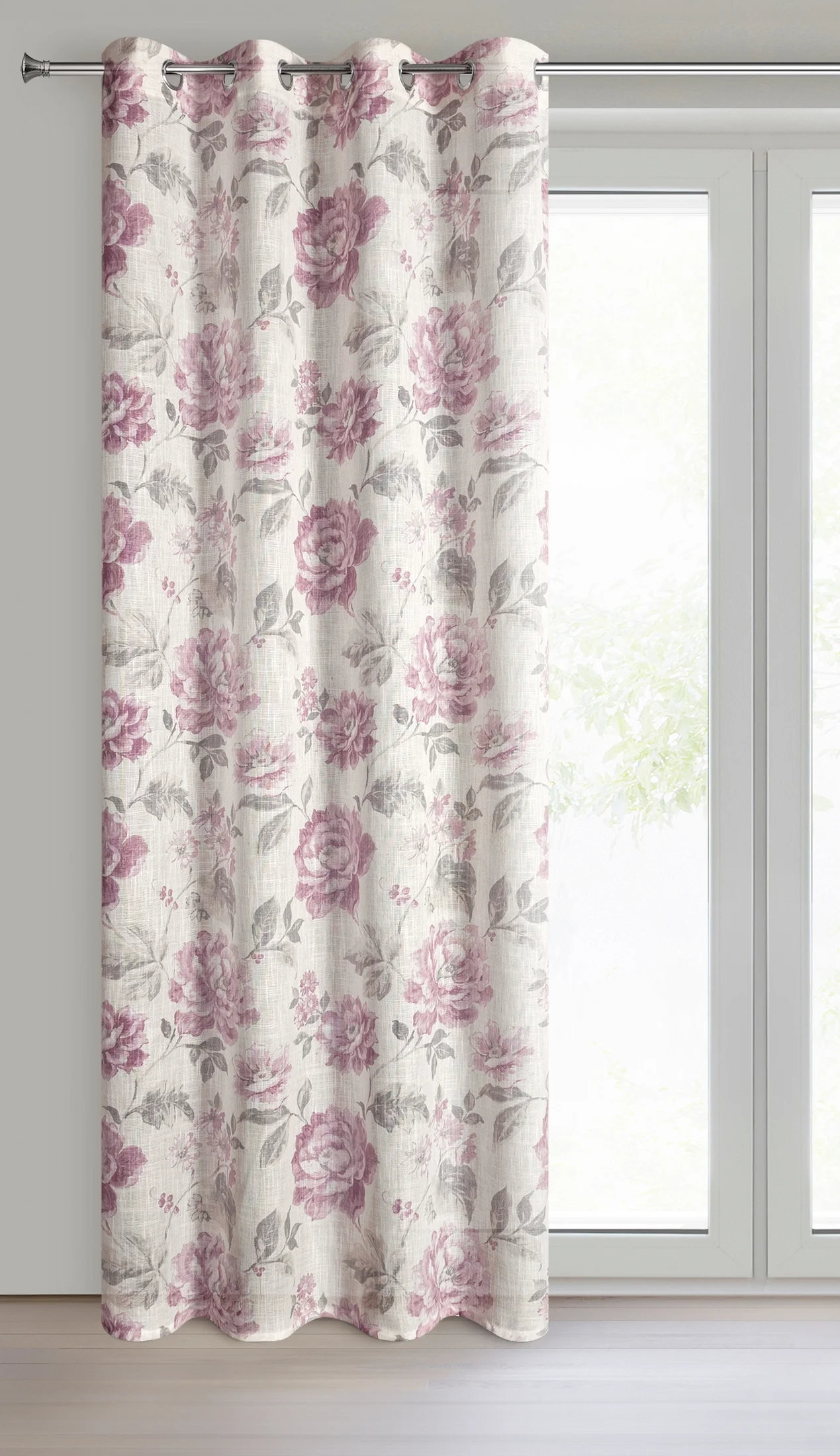 Zasłona naturalna, różowa z tkaniny z dodatkiem lnu zdobiona nadrukiem subtelnych kwiatów 140x250 cm przelotki - DAVENA