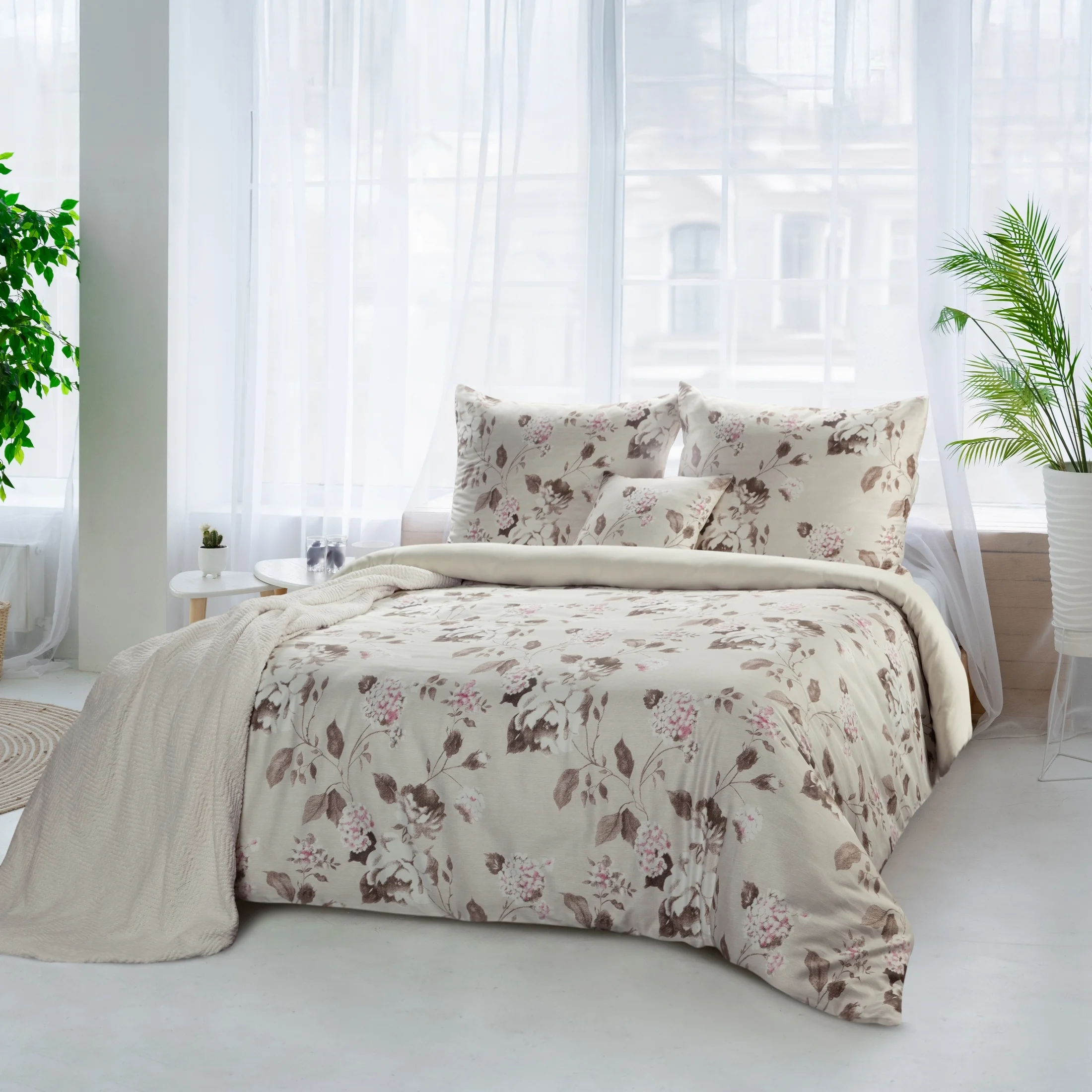 Pościel 160x200 cm bawełniana kolor beżowy, jasnobrązowy z wzorem kwiatowym styl romantyczny SPRING 45 | eurofirany