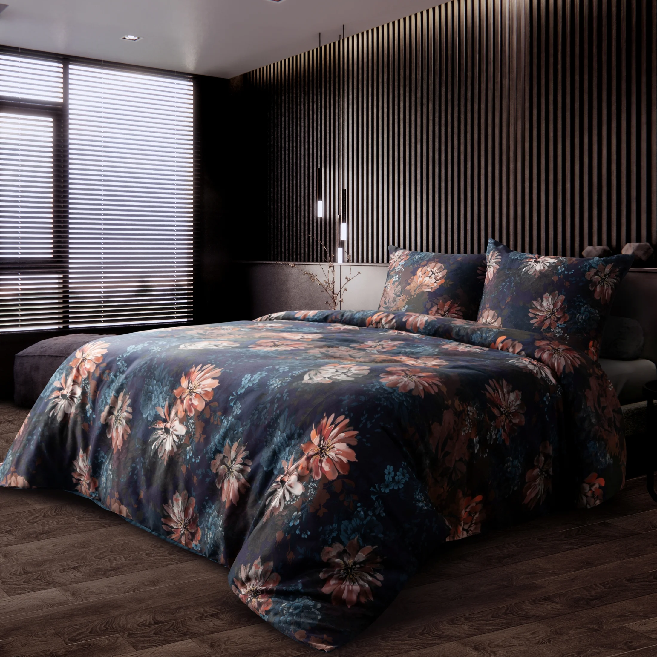 Pościel 160x200 cm z makosatyny bawełnianej kolor ciemnogranatowy, rudy z motywem kwiatów REINA 50 | eurofirany