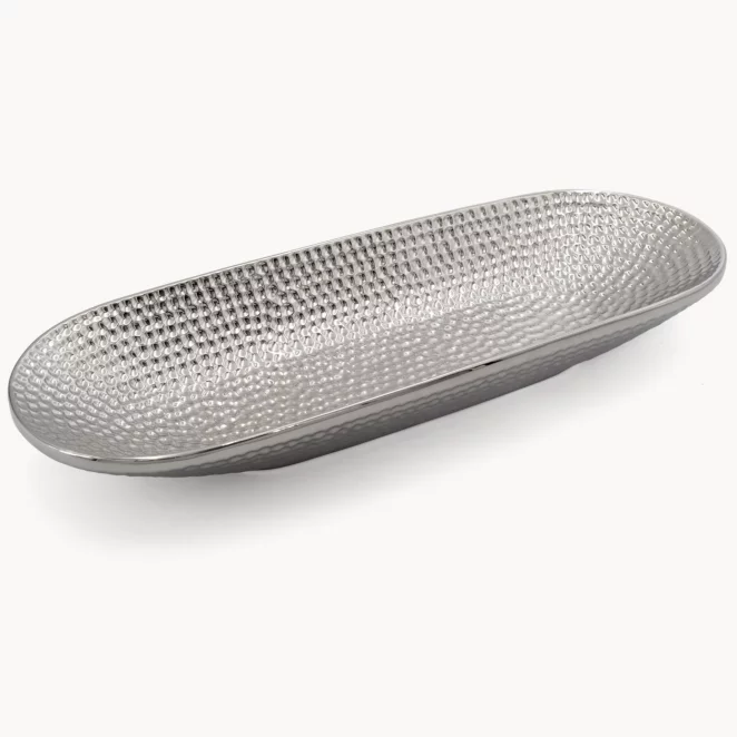 Patera dekoracyjna srebrna z ozdobnym wzorem 41x15x6 cm GREG
