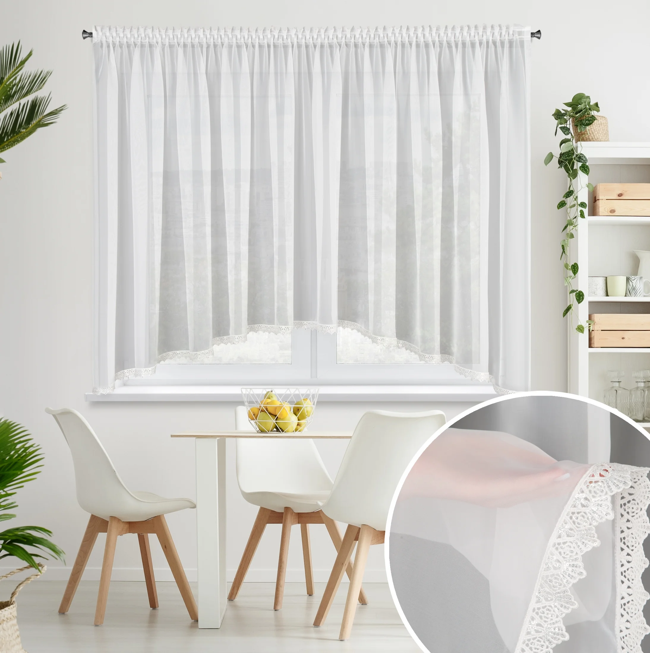 Firana biała łuk z ozdobną koronką 400x150 cm taśmie - CANDY | eurofirany