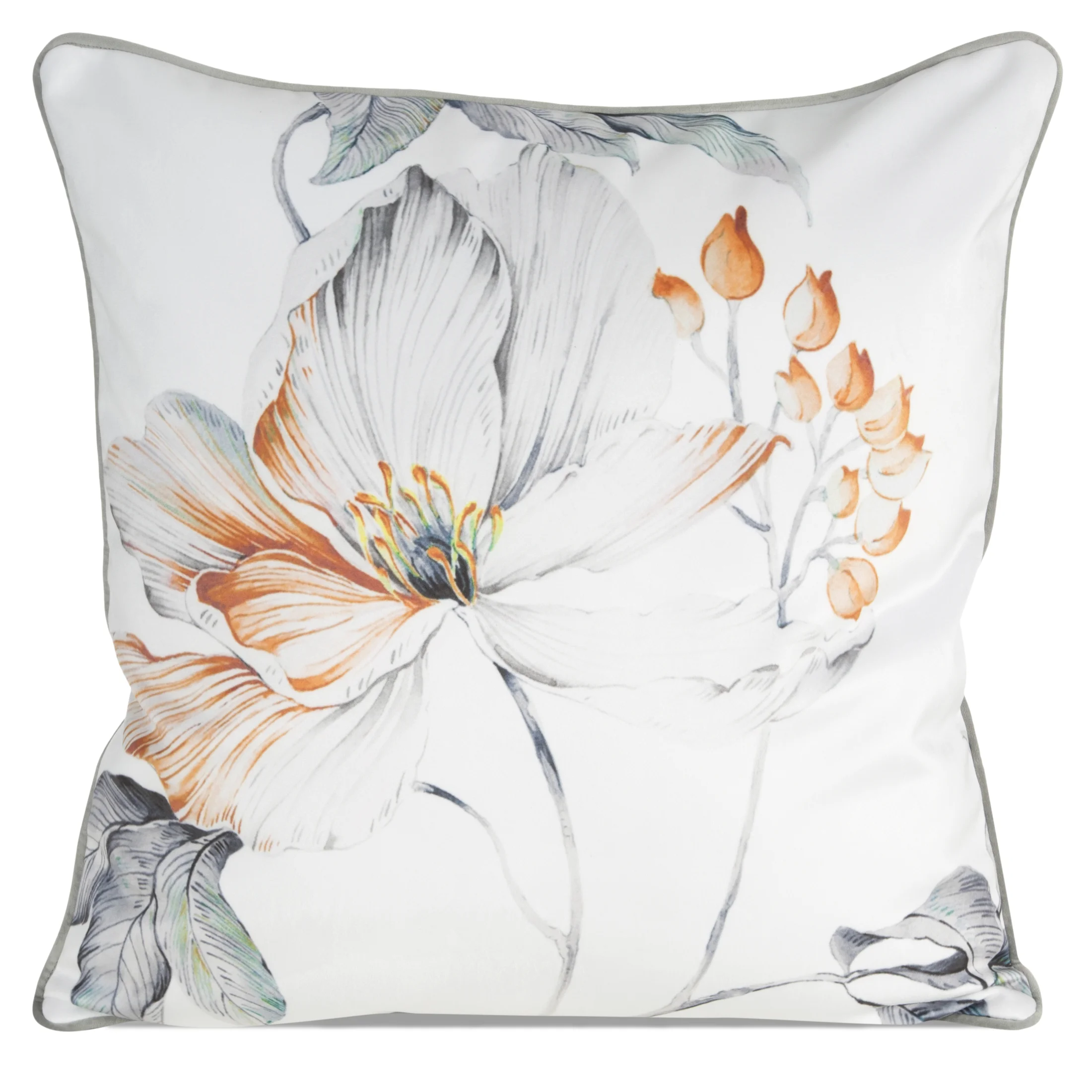 Poszewka na poduszkę dwustronna 60x60 cm welwetowa, biało pomarańczowa z motywem roślinnym z wypustką na brzegach AMELIA Eurofirany Premium | eurofirany