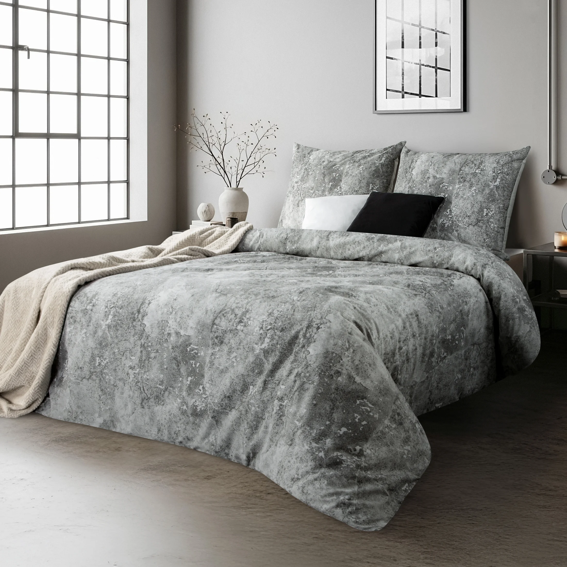 Pościel 220x200 cm satyna bawełniana kolor srebrny, stalowy z eleganckim wzorem roślinnym SPRING 71 | eurofirany