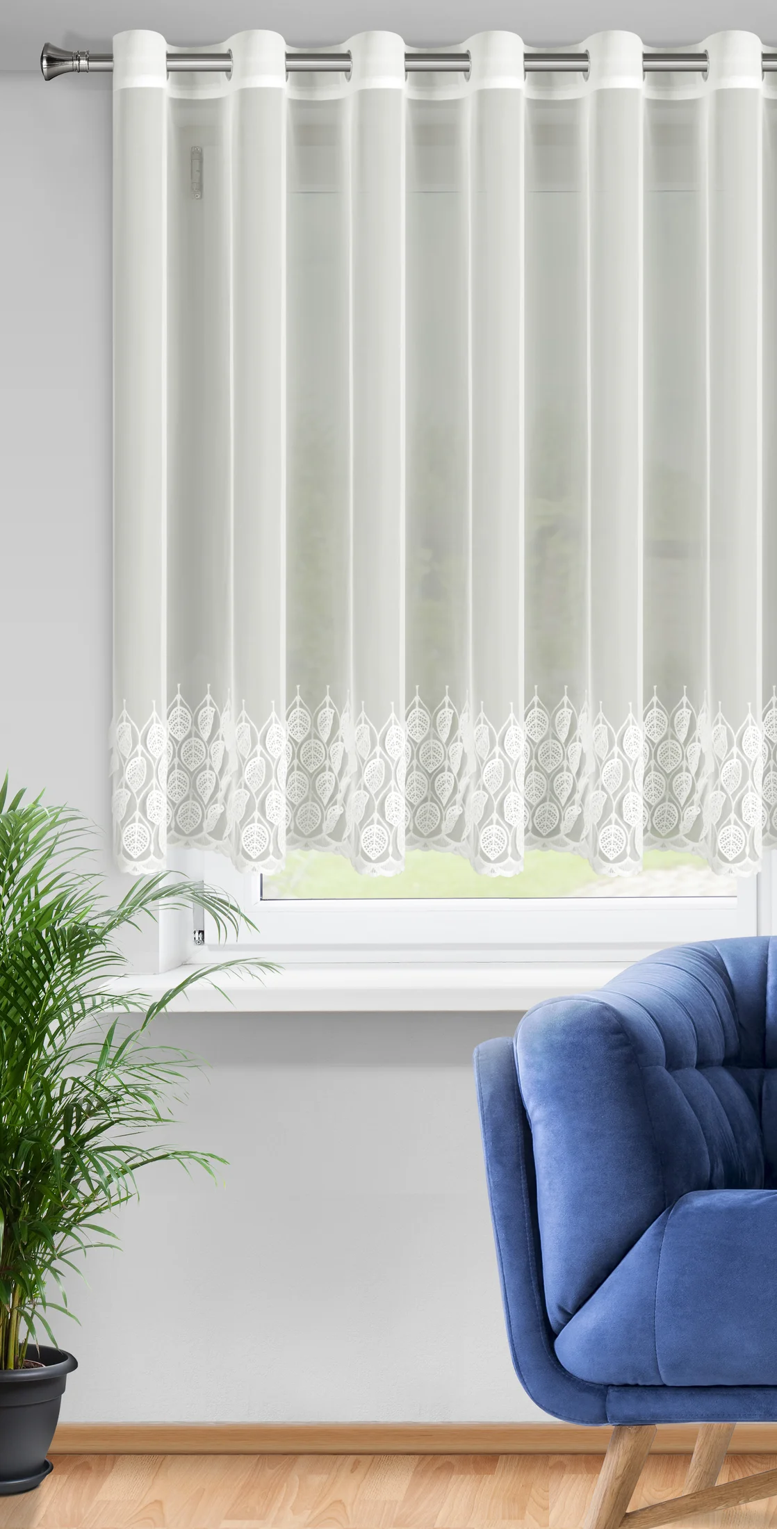 Firana kremowa z drobnej siateczki zdobiona ażurowym haftem 350x150 cm przelotka - NIRA | eurofirany