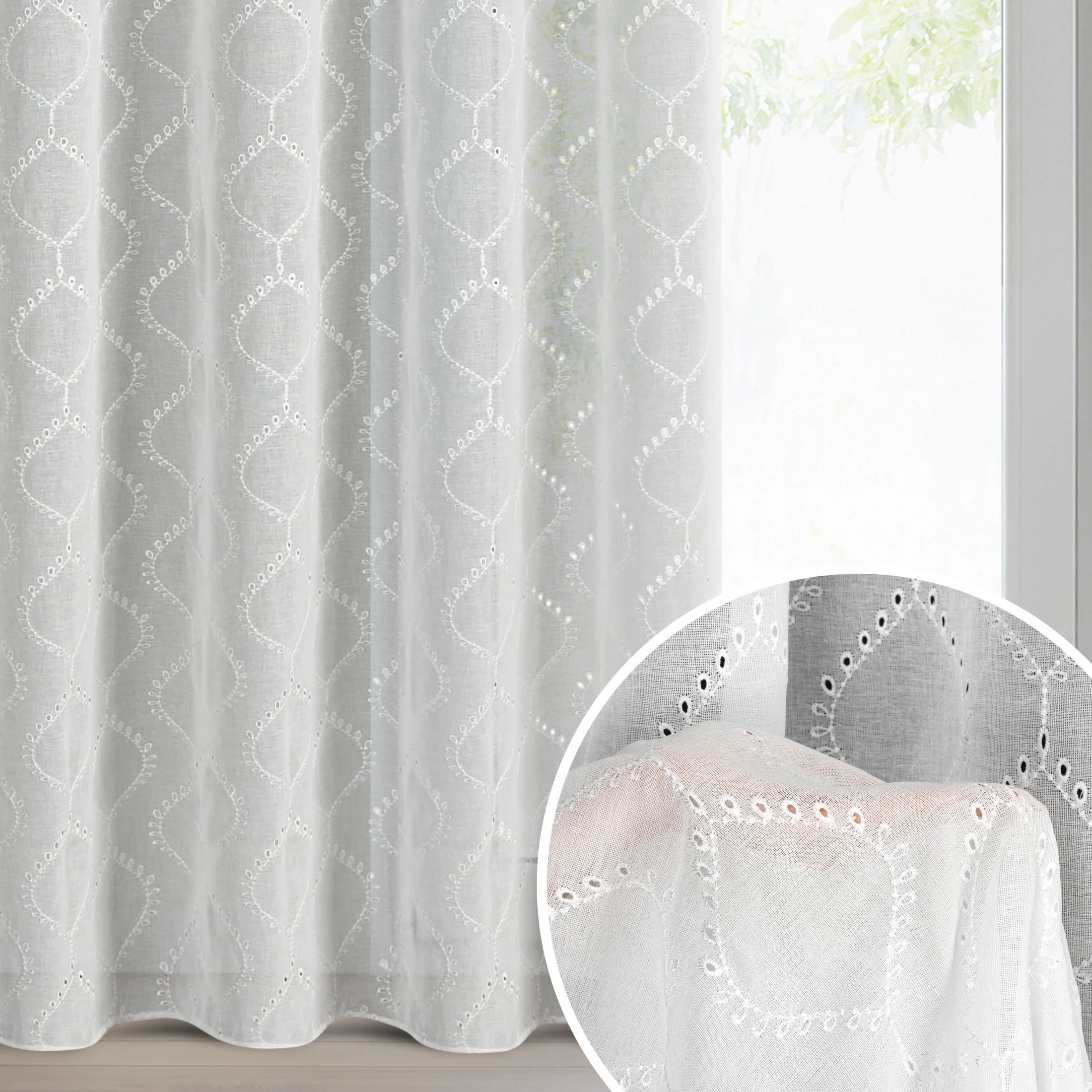 Firana biała z etaminy zdobiona ażurowym haftem 140x250 cm przelotki - RAYA | eurofirany