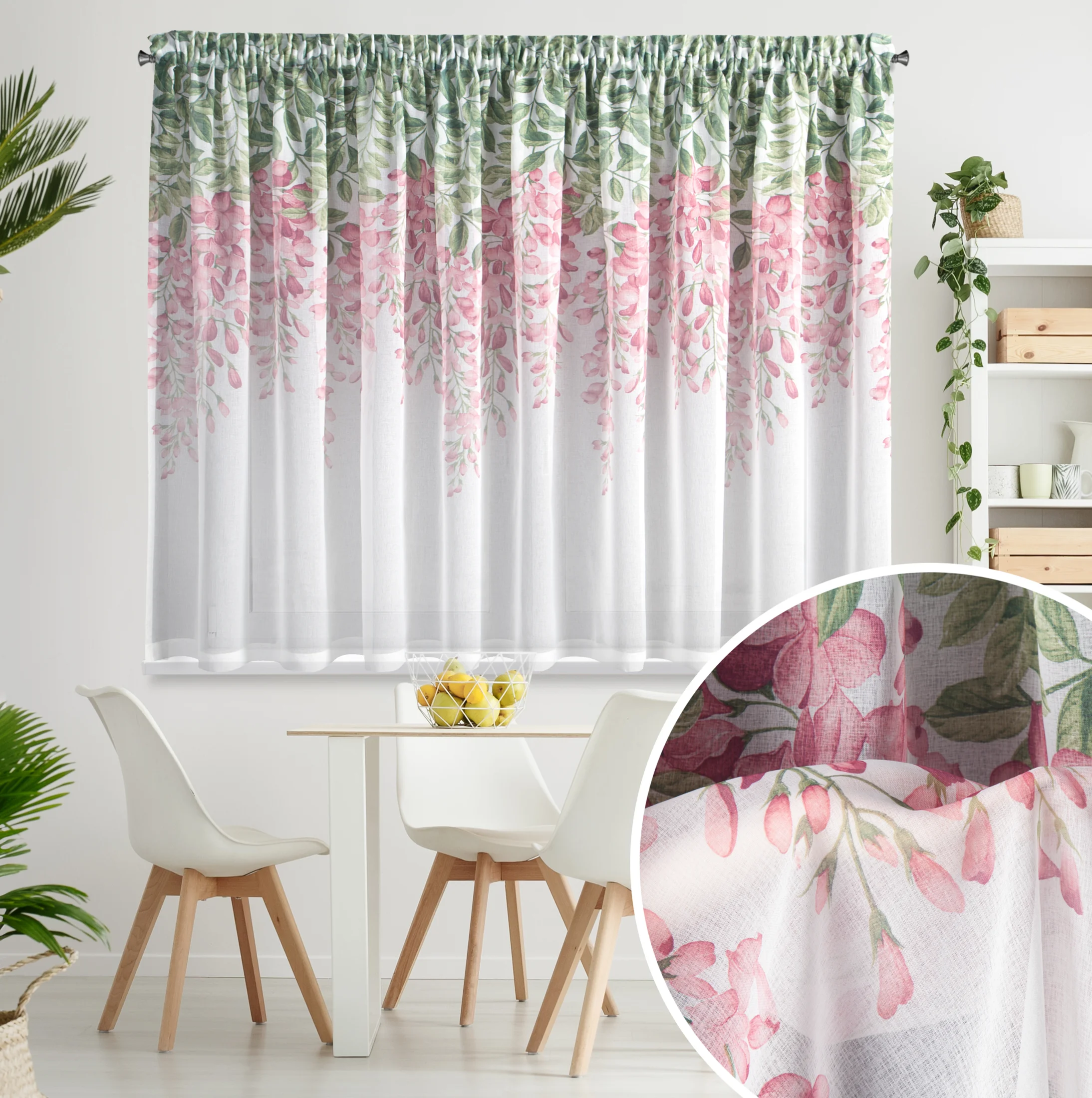 Firana biało, różowa z etaminy zdobiona motywem kwiatów 300x160 cm taśma - JULIETA | eurofirany