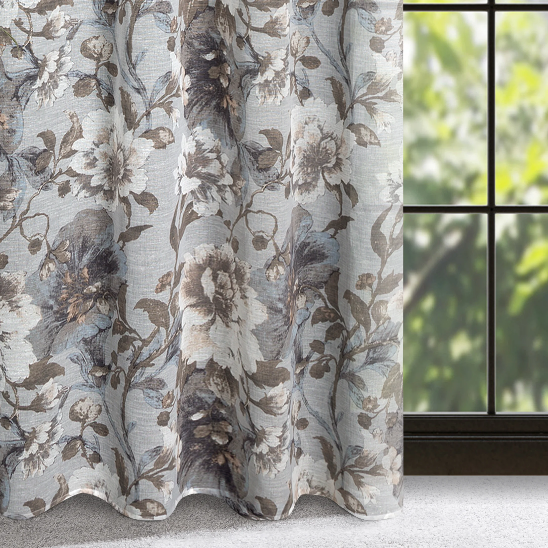 Zasłona popielato, biała w duże kwiaty z etaminy 140x250 cm przelotka - SANDRA | eurofirany