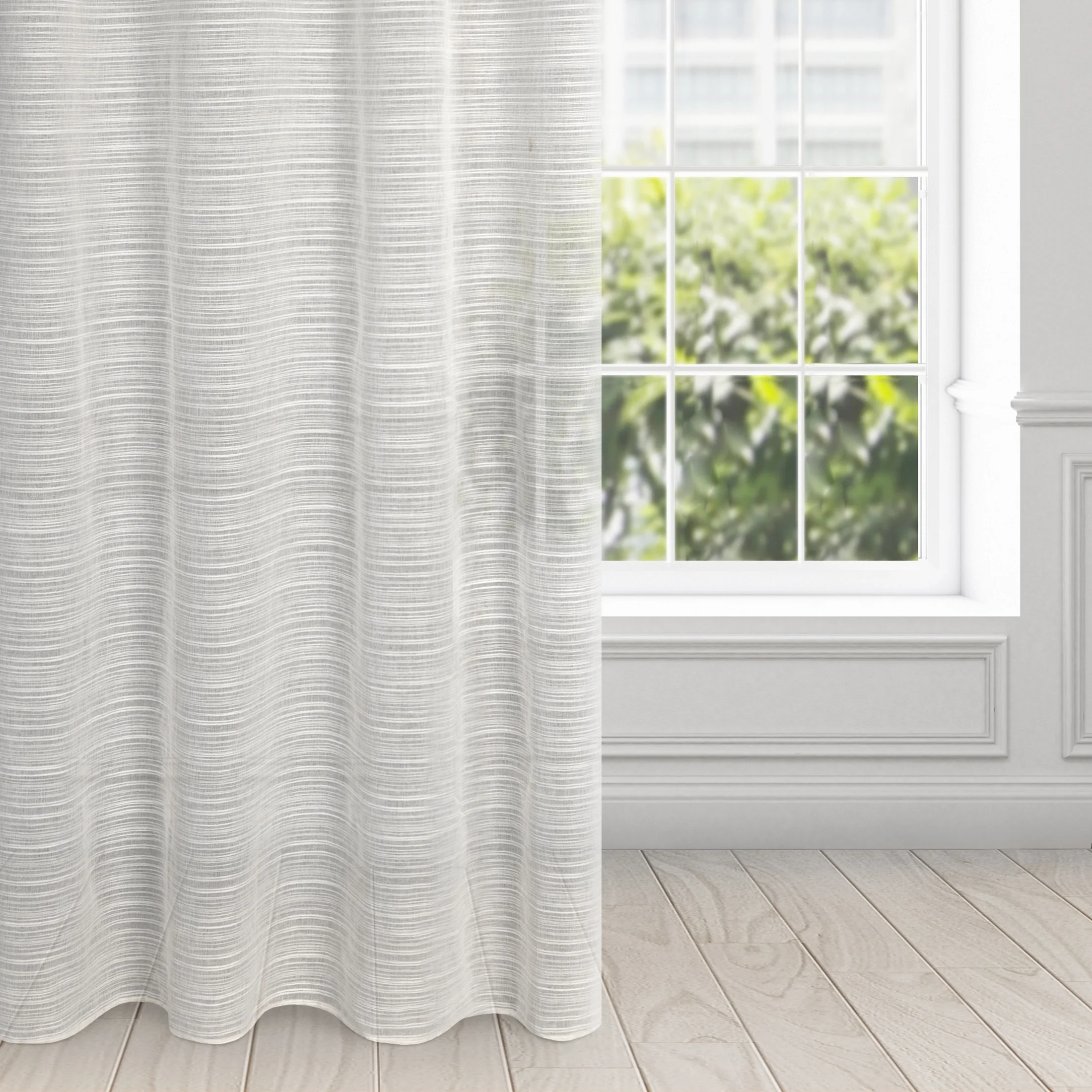 Firana beżowa z efektem deszczyku w poprzeczne prążki 140x250 cm przelotka ARIA | eurofirany