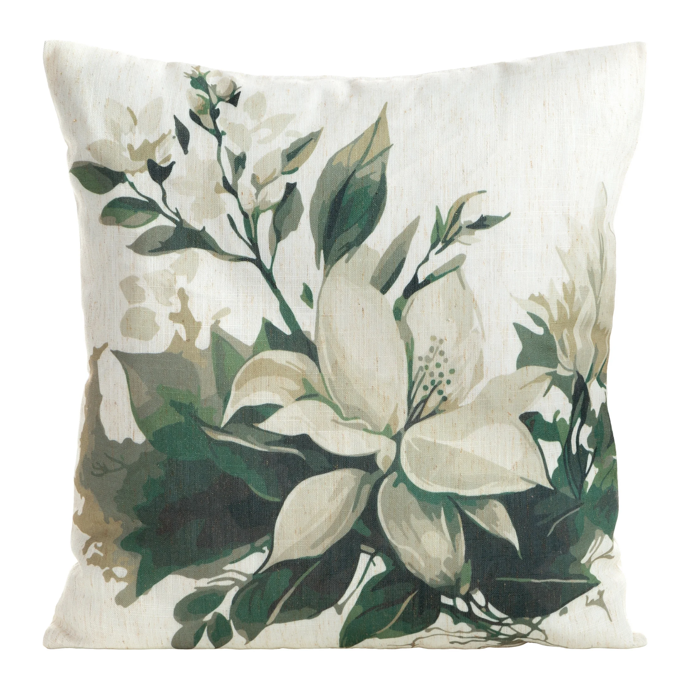 Poszewka na poduszkę 45x45 cm o strukturze lnu z nadrukiem subtelnych kwiatów beżowo, zielona LEN | eurofirany