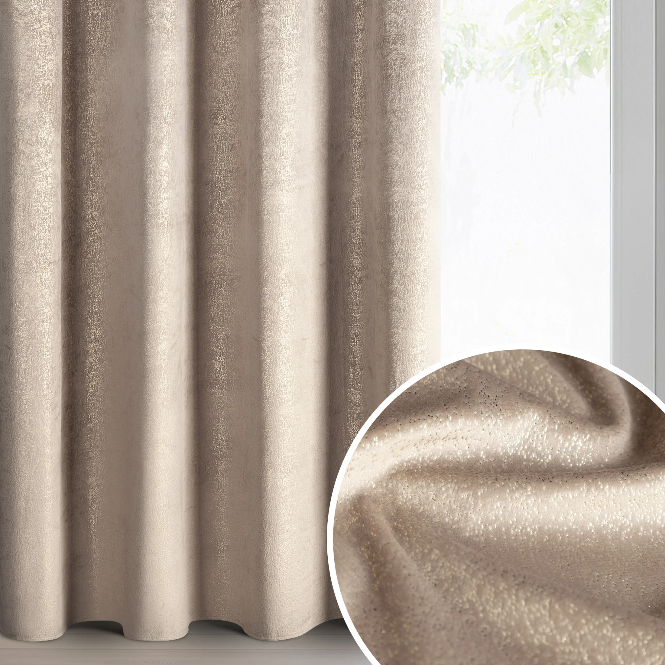 Zasłona brązowo, złota z welwetu zdobiona błyszczącym nadrukiem 135x250 cm złote przelotki - BETHY | eurofirany