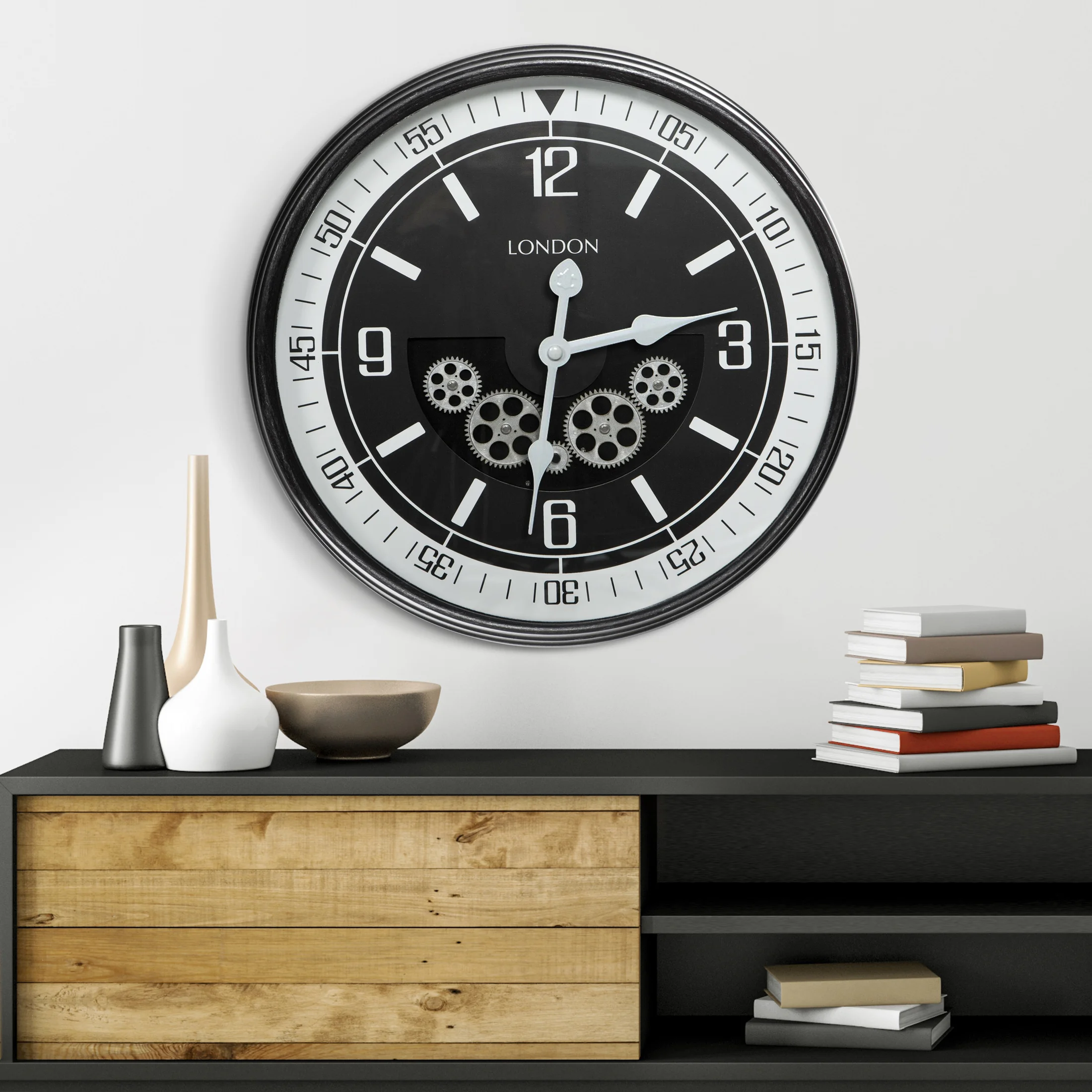 Zegar ścienny czarno-srebrny w stylu vintage z ruchomymi kołami zębatymi średnica 59x11 cm