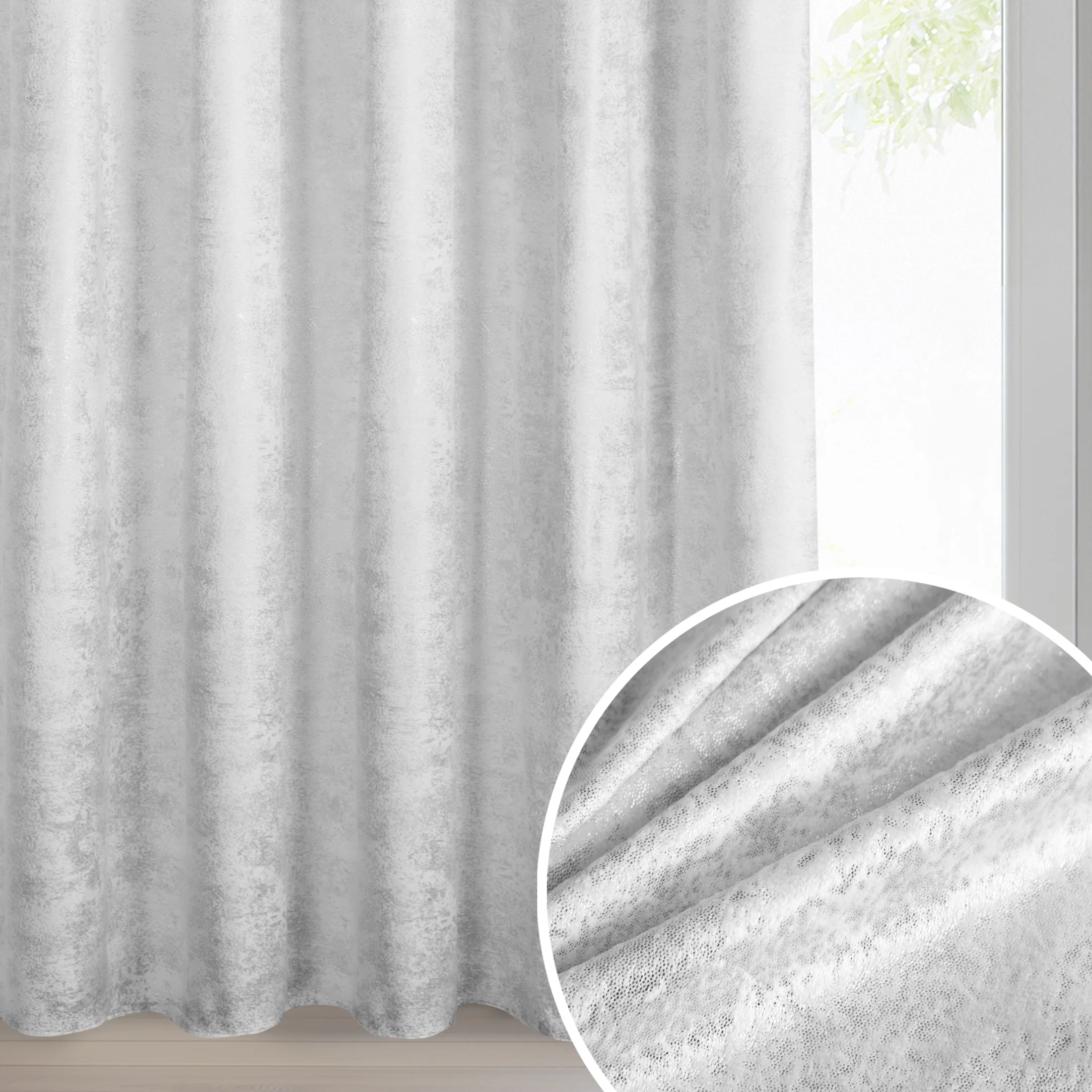 Zasłona biało, srebrna welwetowa z nakrapianym nadrukiem 135x270 cm taśma - AVENA | eurofirany