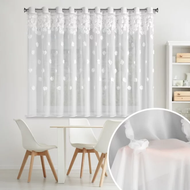 Firana biała z szyfonu zdobiona różami 3D 350x160 cm przelotka - DIANA