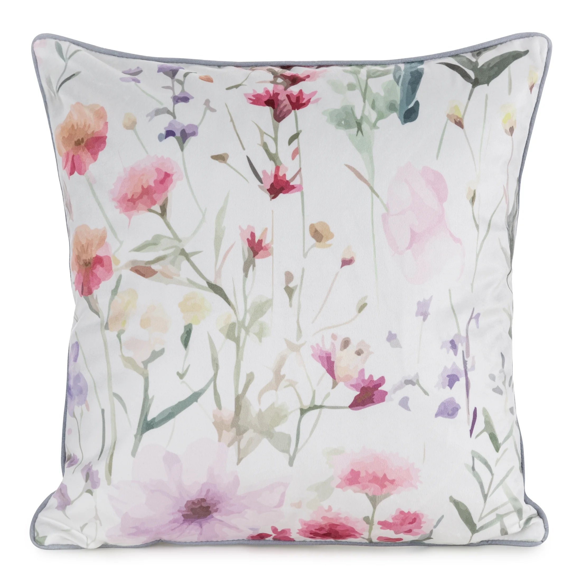 Poszewka na poduszkę 45x45 cm welwetowa, biało różowa z nadrukiem pastelowych kwiatów VELVET 152 Eurofirany Premium | eurofirany