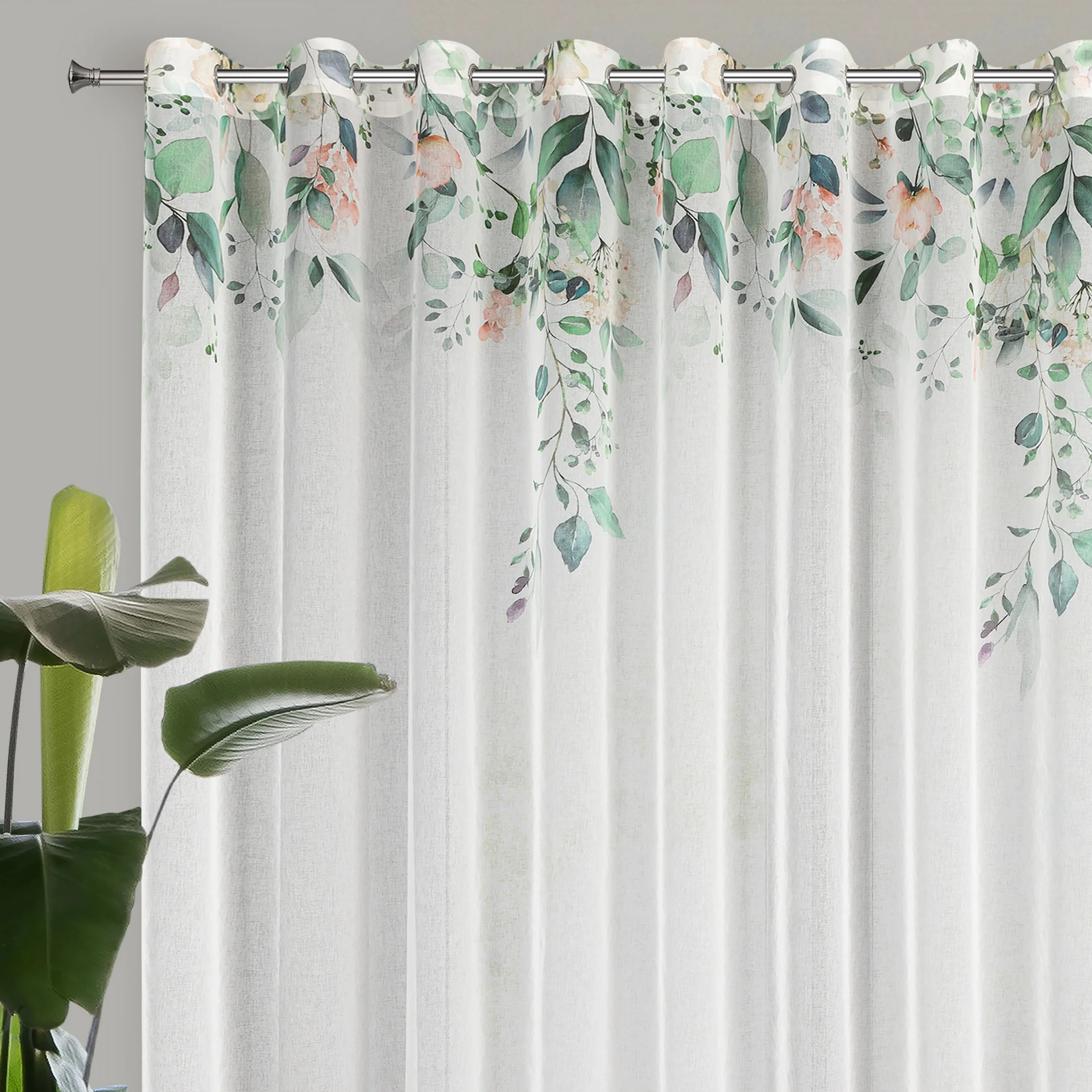 Dekoracja okienna biało, zielona z lekkiej etaminy z motywem letnich kwiatów 350x250 cm przelotka NIKI | eurofirany