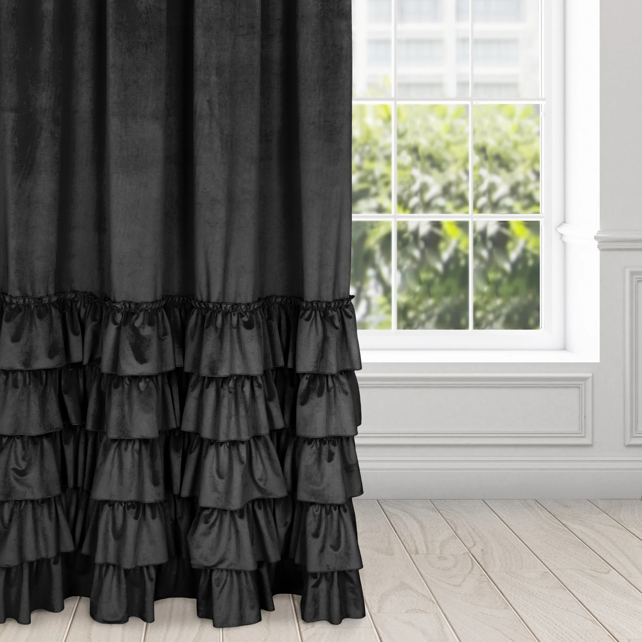 Zasłona welwetowa czarna zdobiona falbanami 140x250 cm taśma - CHARLOTTE | eurofirany