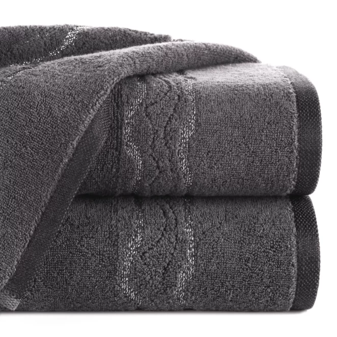 Ręcznik do rąk 30x50 cm bawełniany kolor stalowy zdobiony bordiurą z błyszczącym wzorem 500 g/m2 KARIN