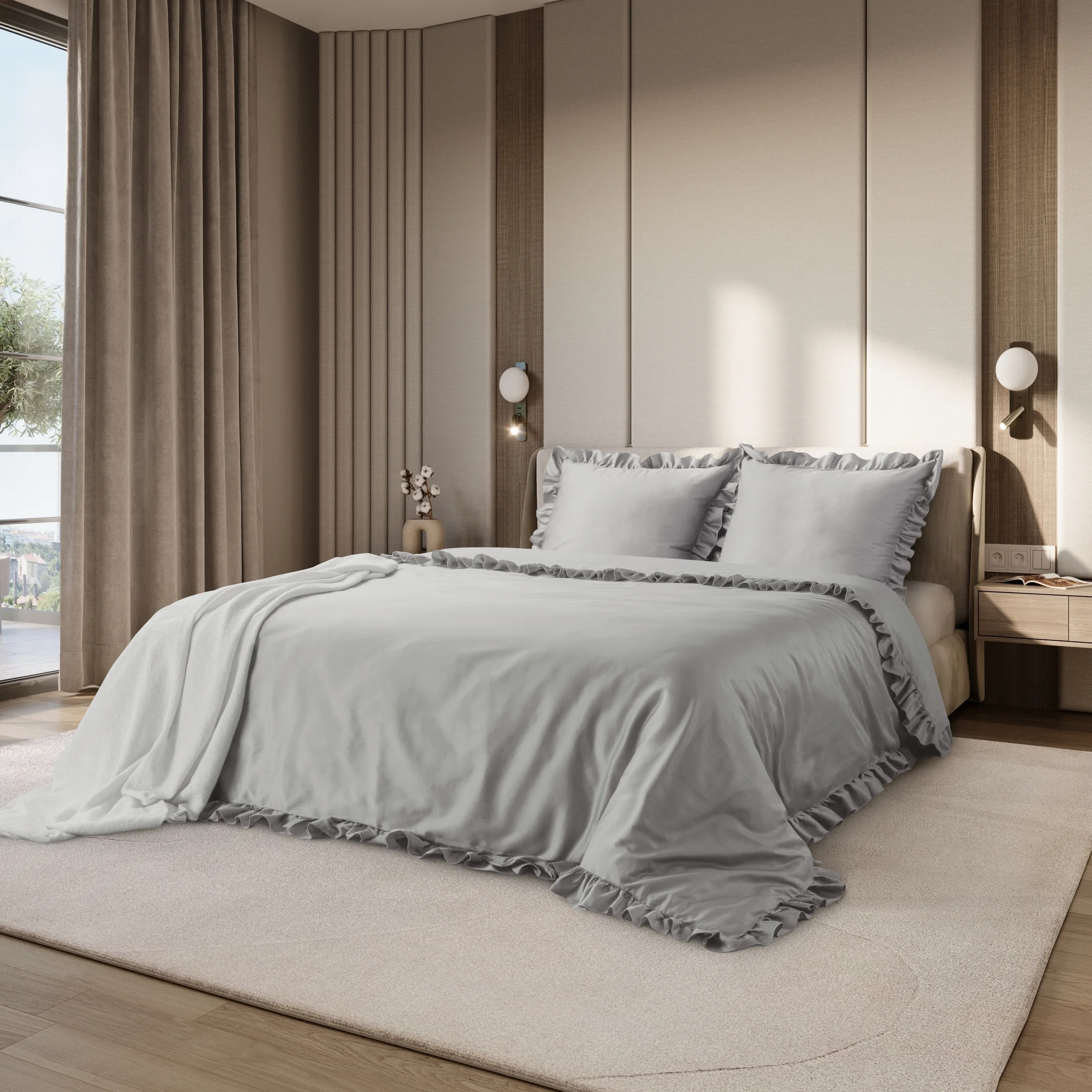 Pościel 220x200 cm bawełniana z makosatyny kolor jasnoszary z falbanami w romantycznym stylu Reina Line |