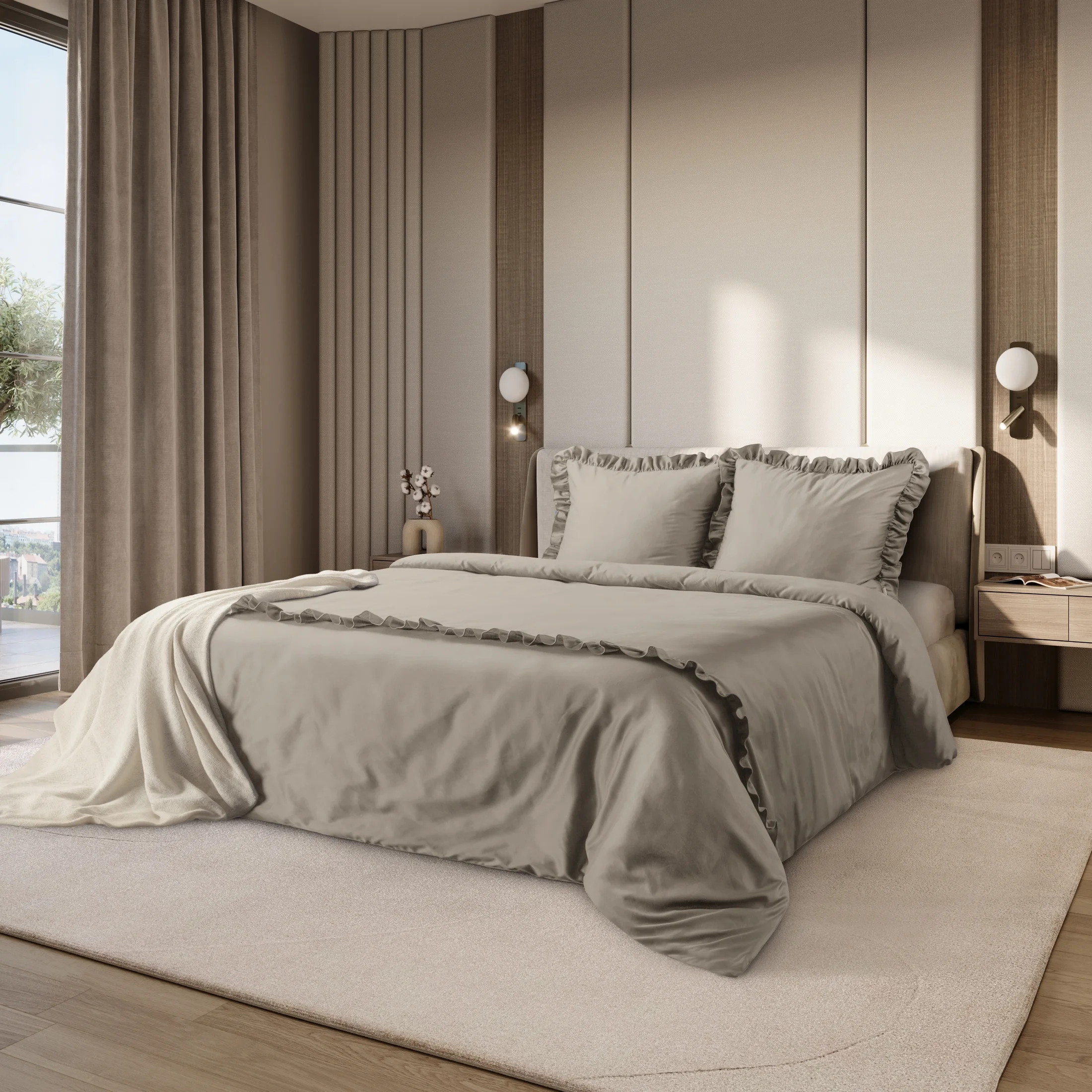 Pościel 160x200 cm bawełniana z makosatyny kolor beżowy z falbanami w romantycznym stylu Reina Line |