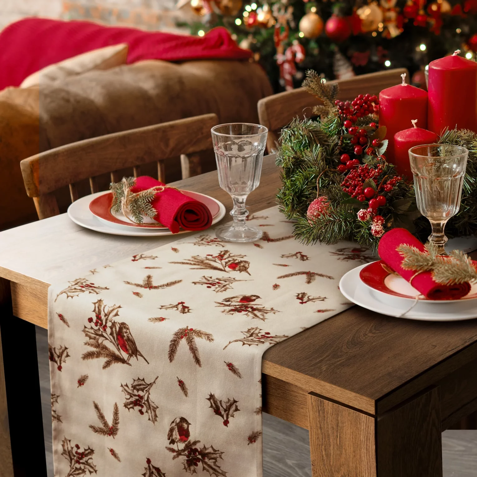Bieżnik świąteczny 40x140 cm beżowo, brązowy bawełniany zdobiony zimowym motywem MELODY