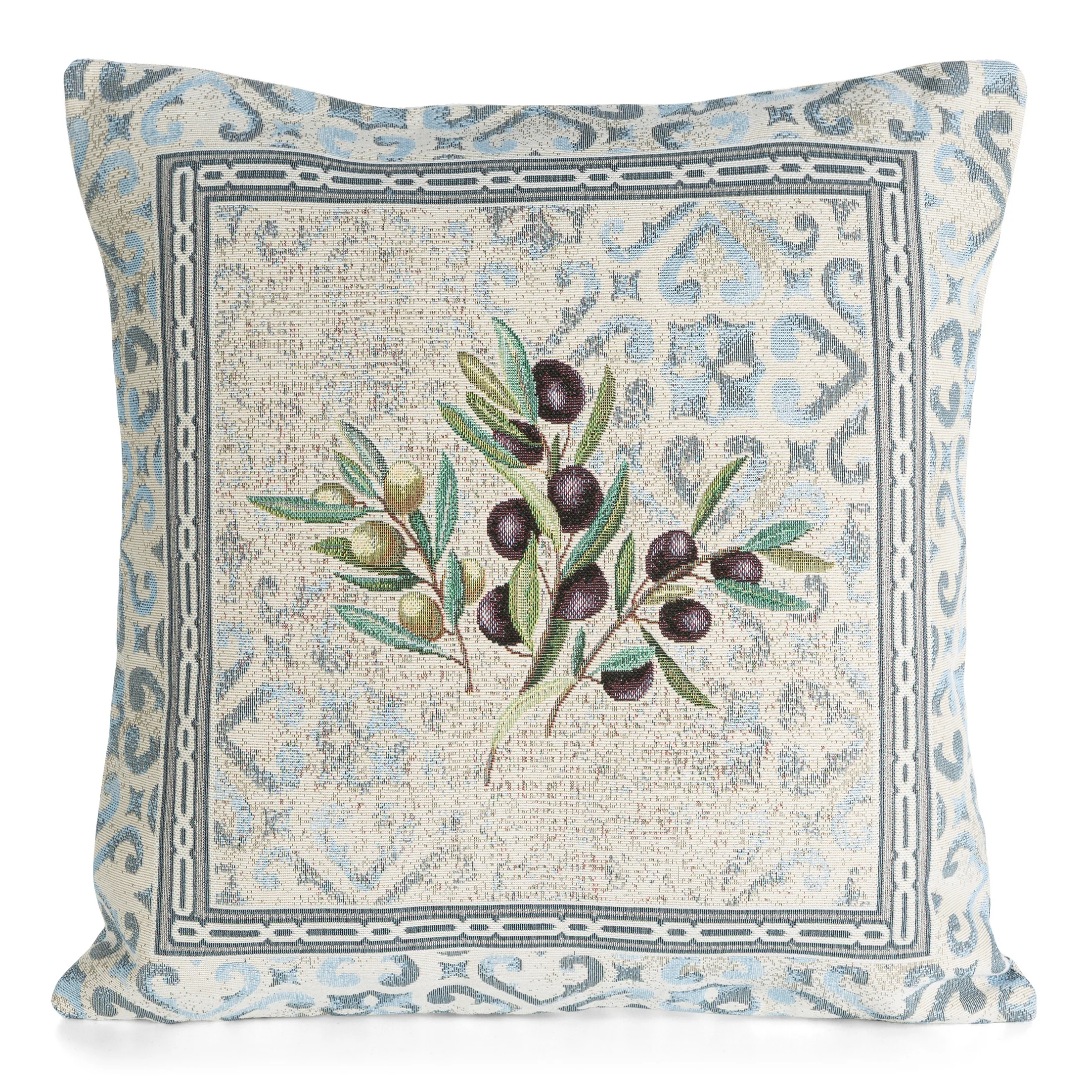 Poszewka na poduszkę 45x45 cm bawełniana, gobelinowa kolor naturalno, zielony z motywem drzewka oliwnego GOB | eurofirany