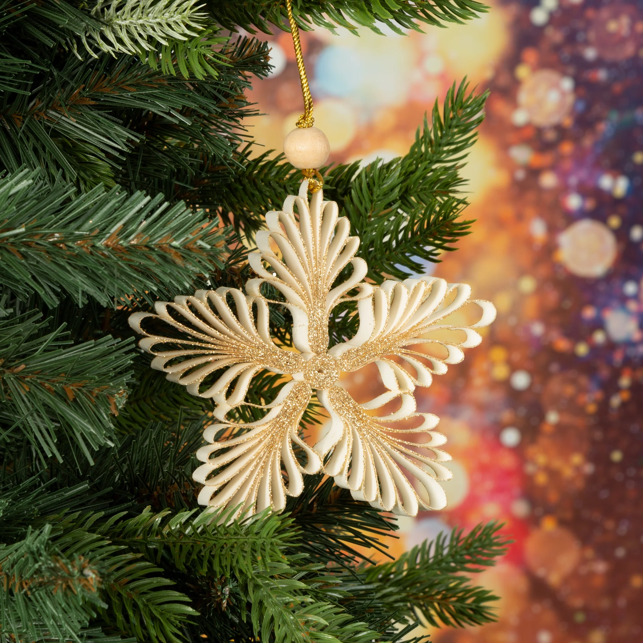 Ozdoba choinkowa śnieżynka w stylu eko zdobiona delikatnymi drobinkami brokatu | eurofirany