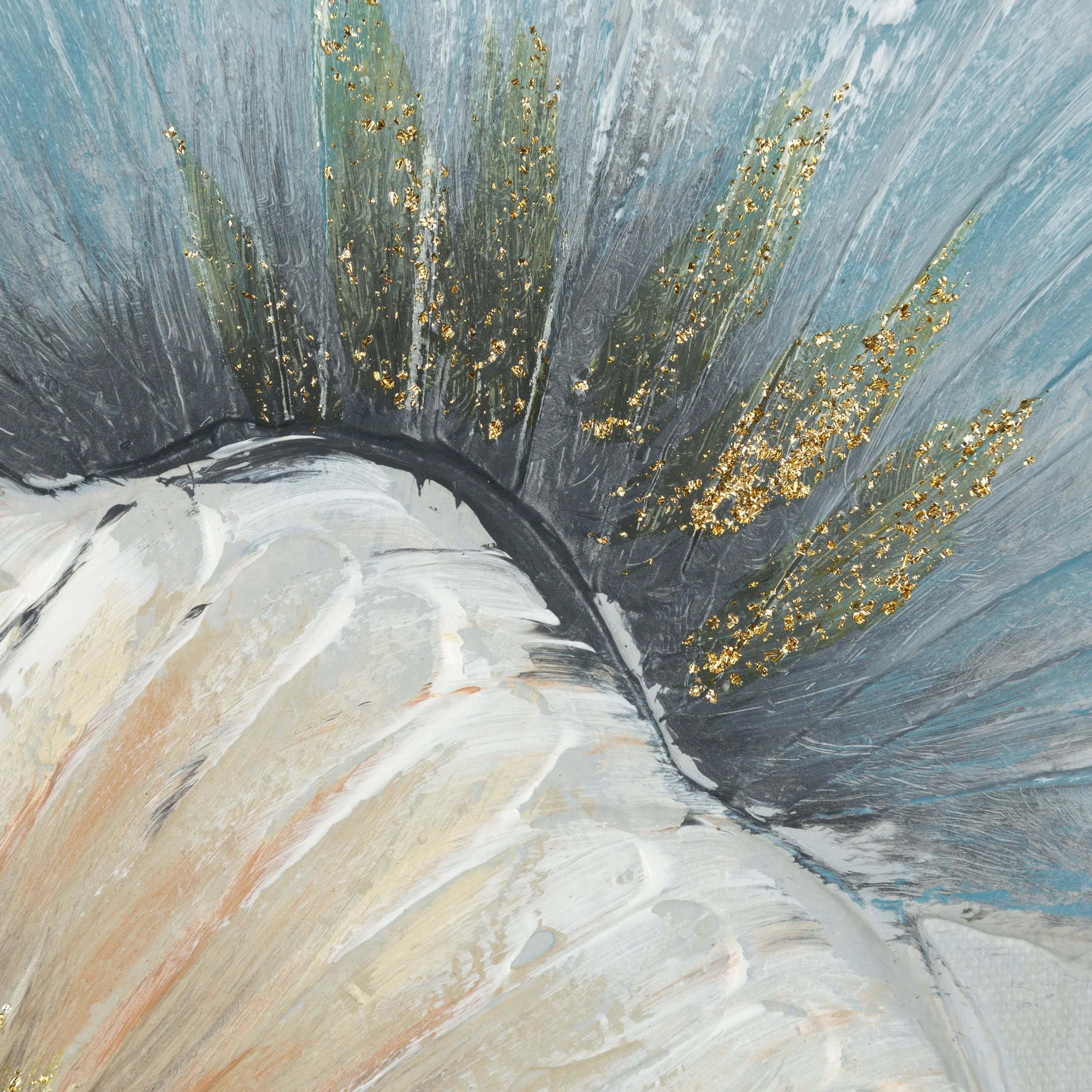 Obraz roślinny beżowo, niebieski ręcznie malowany na płótnie liście miłorzębu 50x70 cm GINKO 1