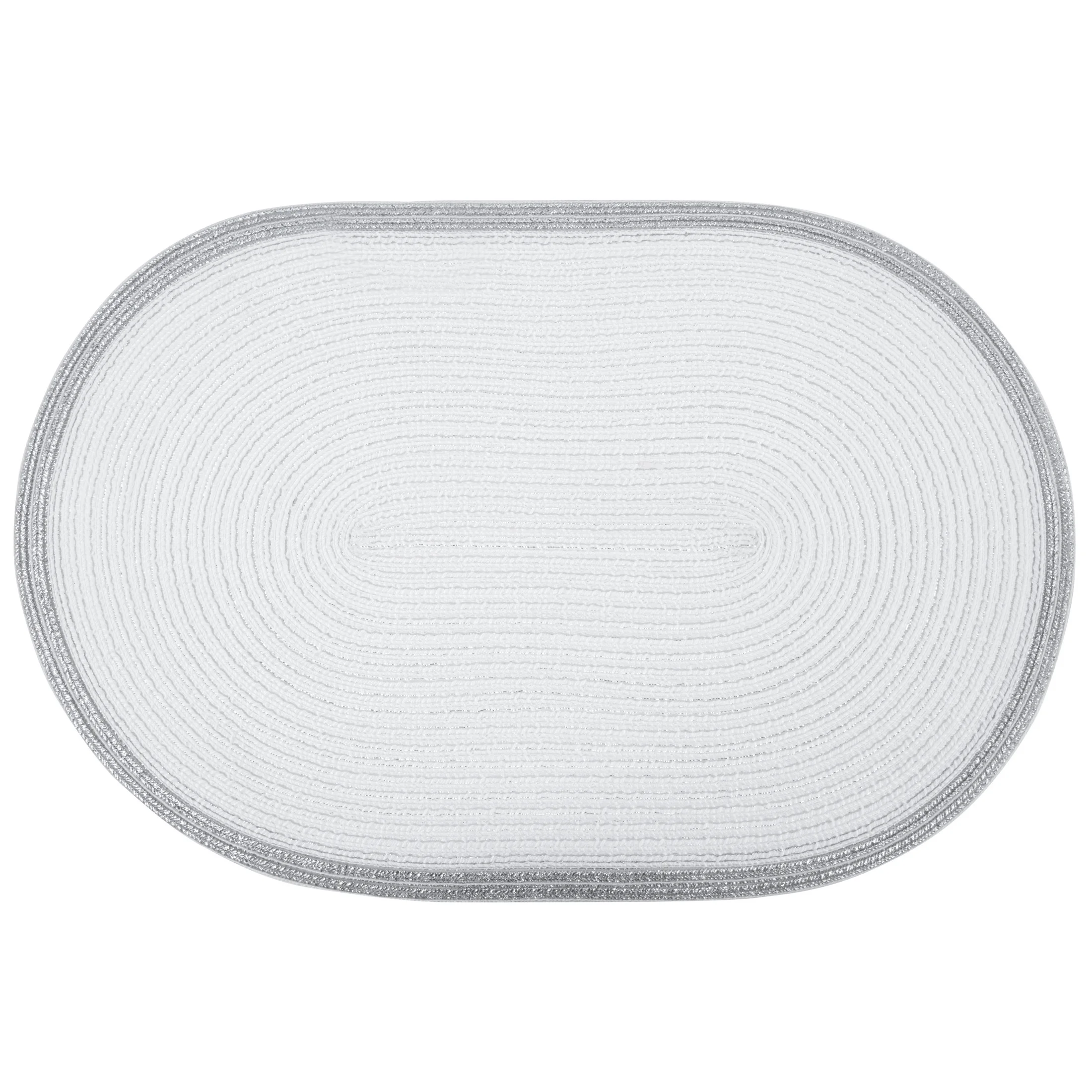 Podkładka owalna na stół biała 30 x 45 cm TIRANA strukturalna przetykana srebrną nicią z ozdobną lamówką