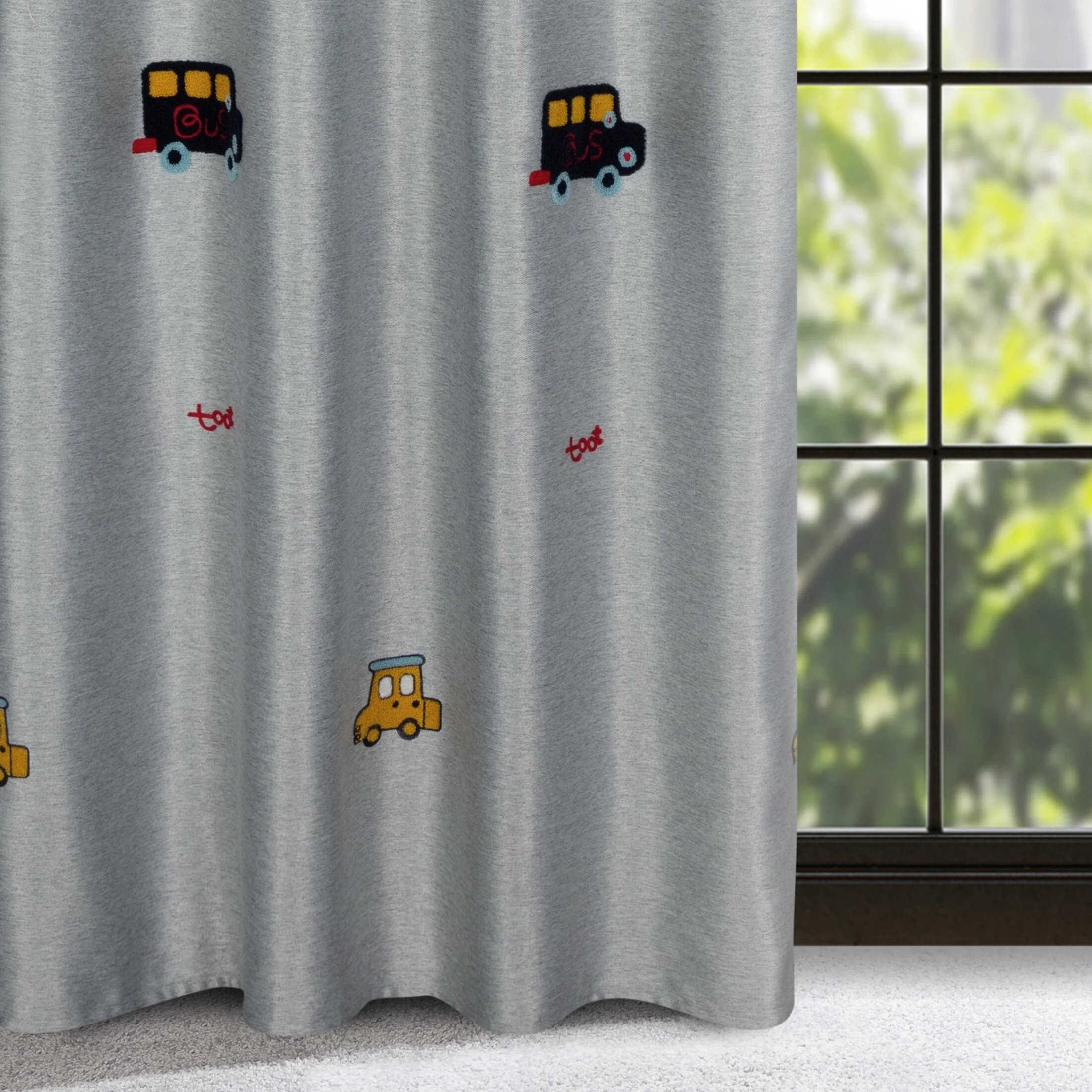 Zasłona srebrno, niebieska w samochody do pokoju dziecięcego 140x250 cm przelotka - ALVIN | eurofirany