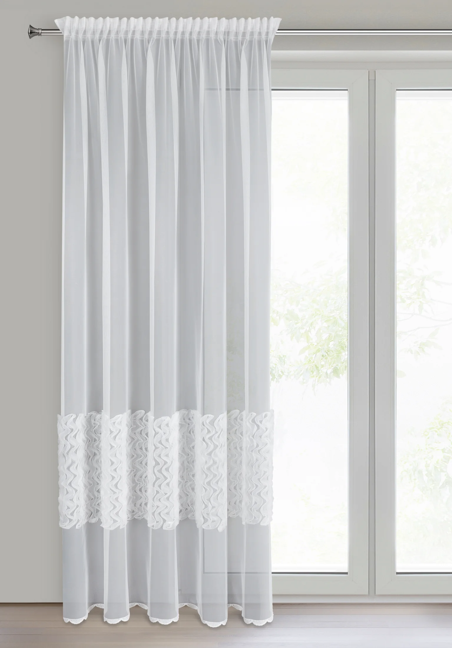 Firana biała gładka zdobiona aplikacją 140x270 cm taśma LORIS