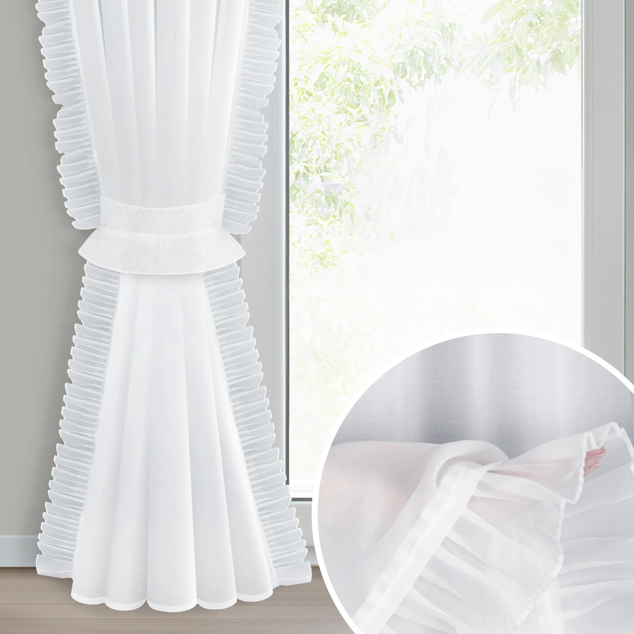 Firana biała z etaminy zdobiona falbanami po bokach tkaniny w zestawie ozdobny troczek 140x270 cm taśma KAREN | eurofirany