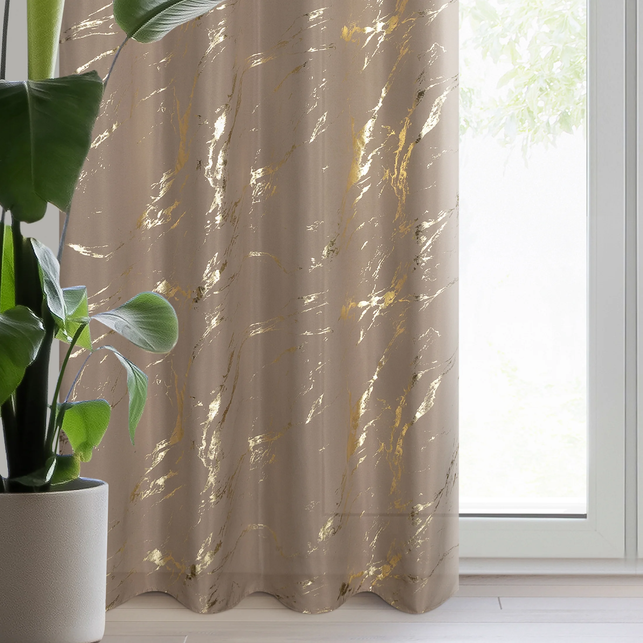 Zasłona brązowo, złocista zdobiona nadrukiem marmurku 140x250 cm przelotka LANI | eurofirany