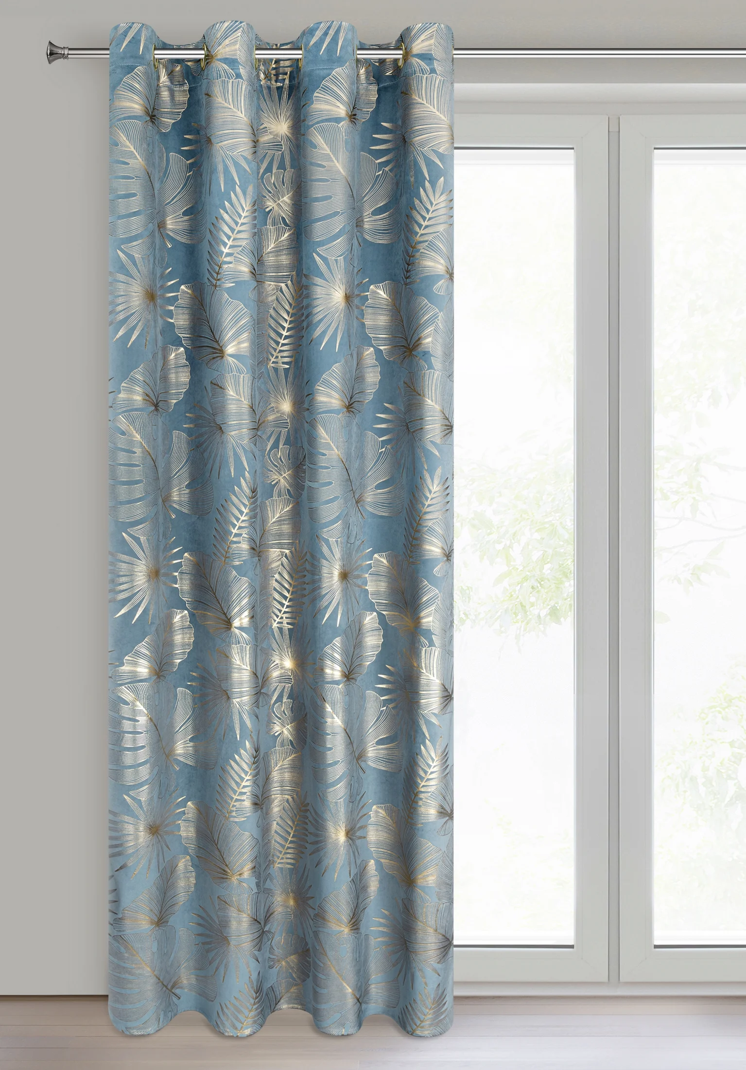 Zasłona niebiesko, szampańska z nadrukiem liści, welwetowa 135x250 przelotka ARIA