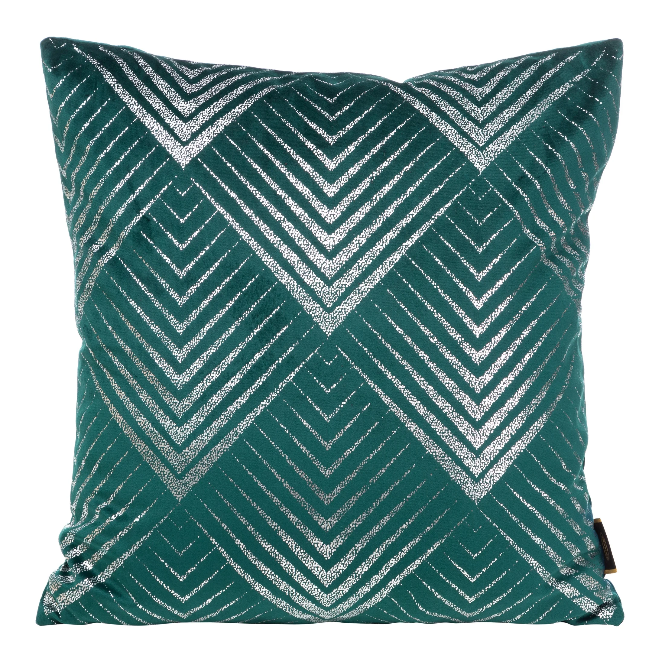 Poszewka na poduszkę 45x45 cm welwetowa ciemnoturkusowa ze srebrnym geometrycznym nadrukiem BLINK 36 | eurofirany