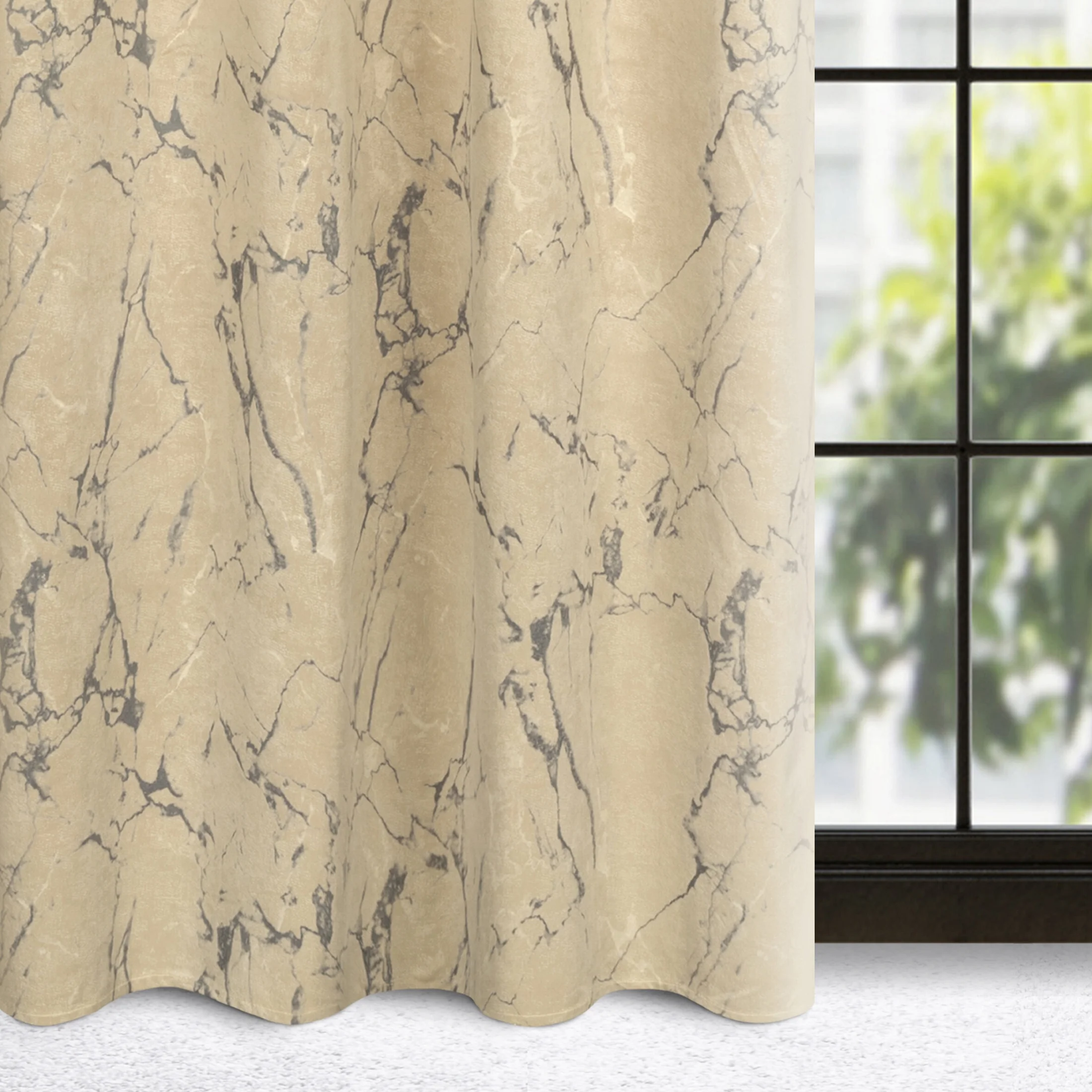 Zasłona kremowo, grafitowa z marmurkowym wzorem, welwetowa 140x250 cm przelotka - WERA | eurofirany