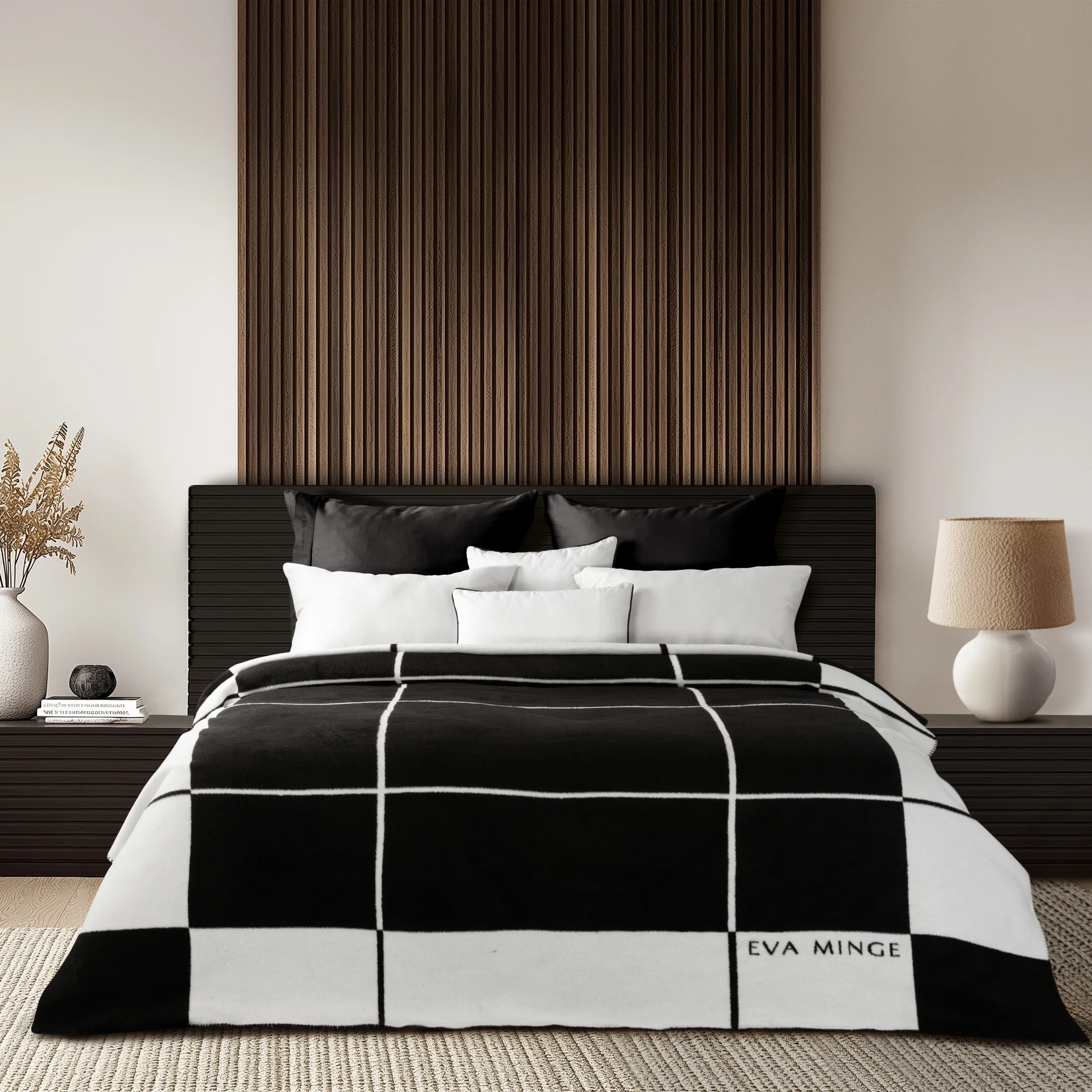 Koc bawełniano-akrylowy 220x240 cm biało, czarny z geometrycznym nadrukiem ELEGANTE Eva Minge | eurofirany