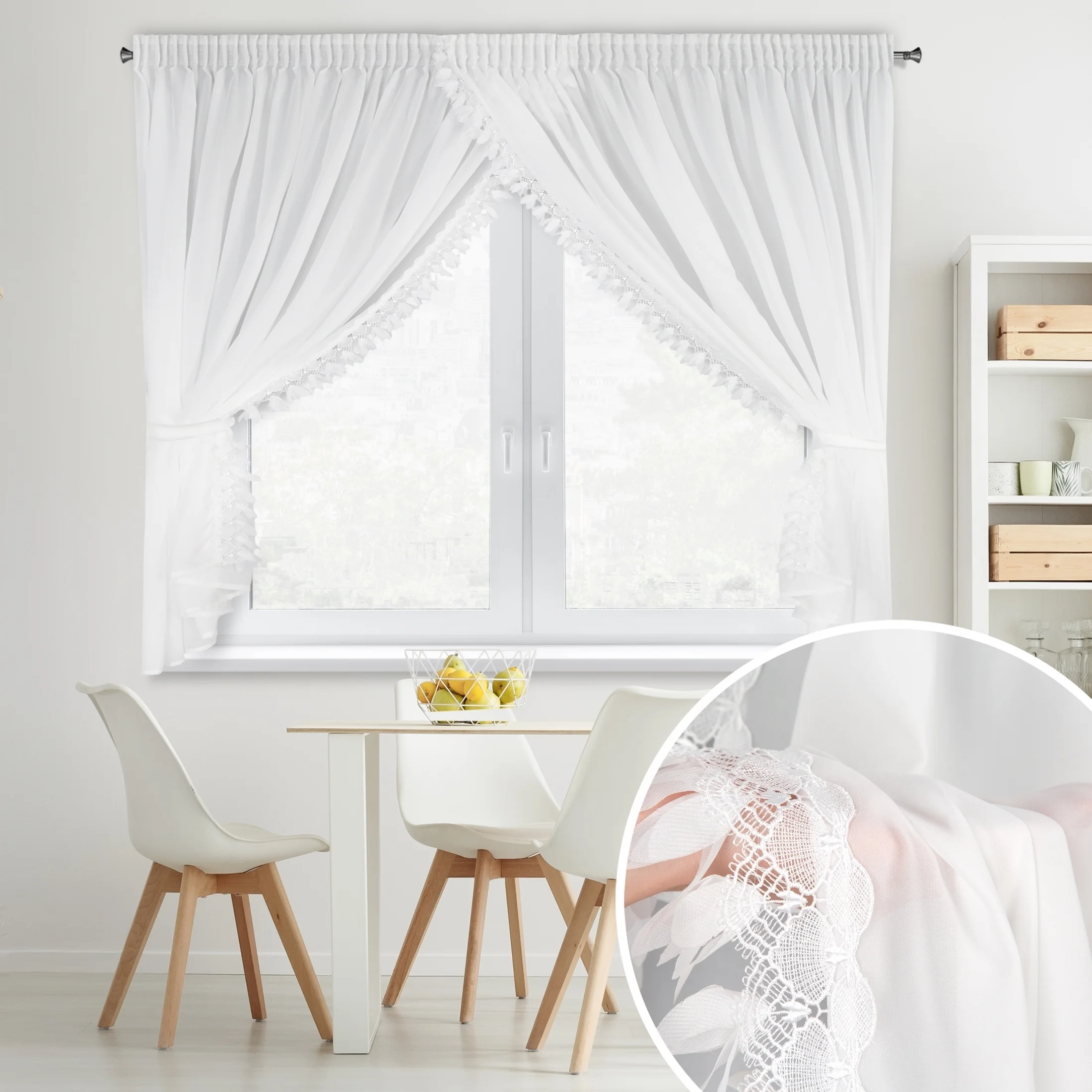 Firana biała z szyfonu zdobiona aplikacją w zestawie troczki 400x160 cm taśma - LORETA | eurofirany